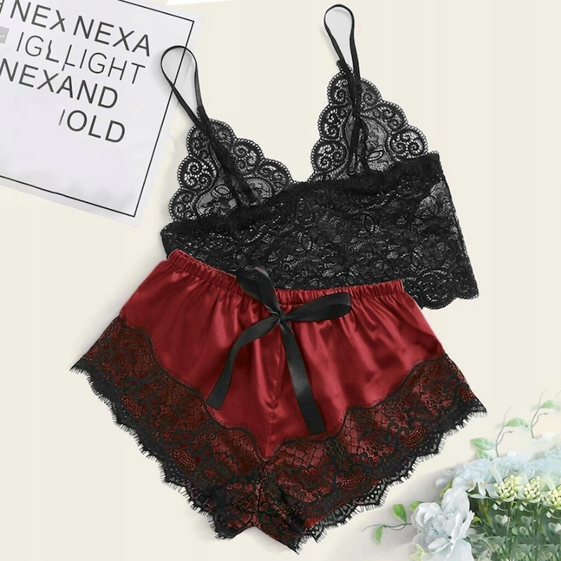 KOMPLET SATYNOWA PIŻAMKA KOSZULKA KORONKA SPODENKI Kolor czerwony