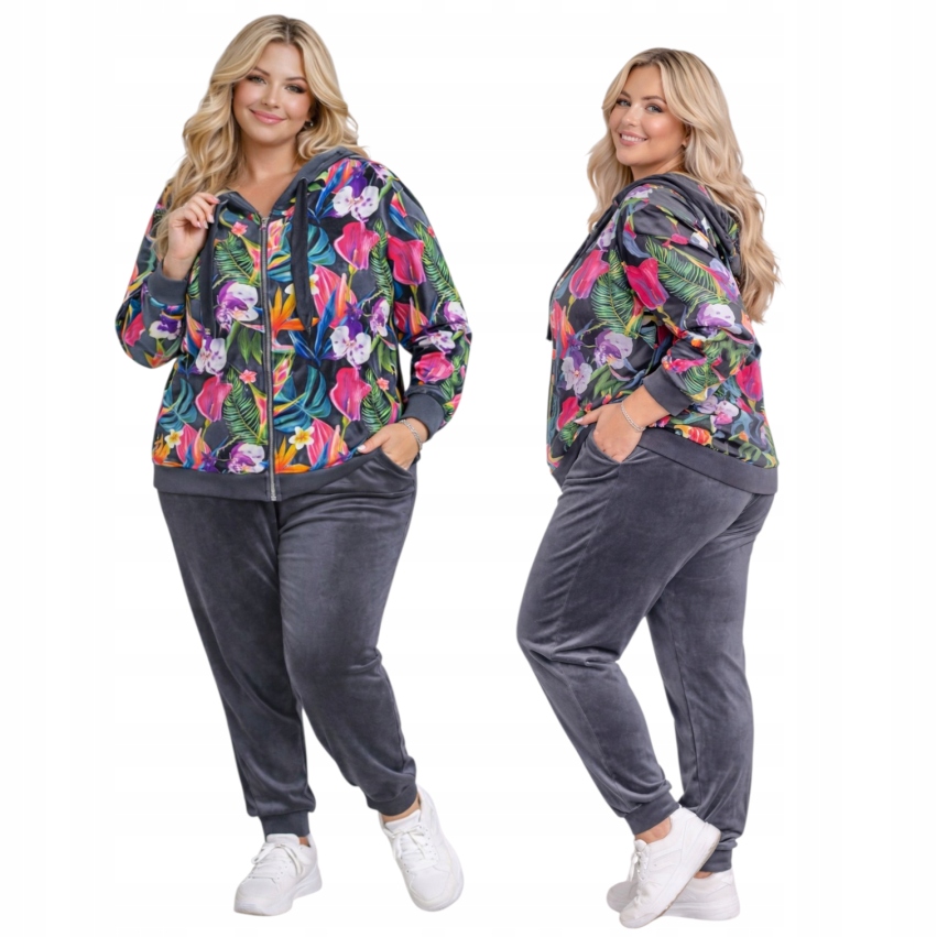 Velurový Teplákovka Dámský Rozepínací Květ 54 56 7xl 8xl grafit pohodlný obklopující