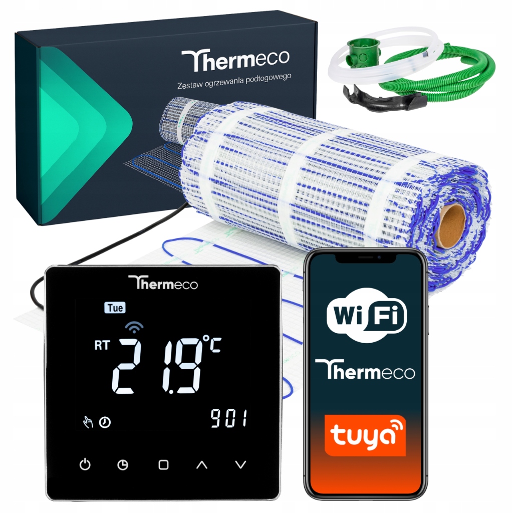 Mata grzewcza grzejna pod płytki termostat WiFi zestaw Thermeco H10 3m²
