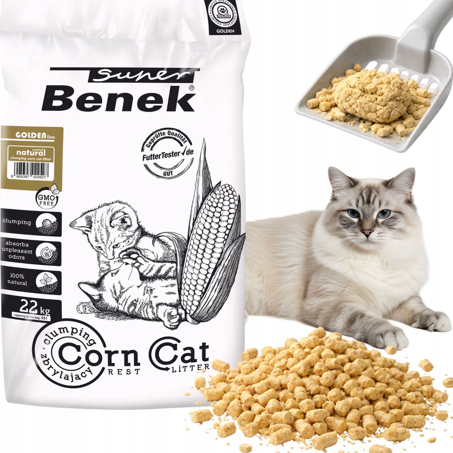Żwirek kukurydziany dla kota Benek Corn Golden 35L Wałeczki Micro Pellets