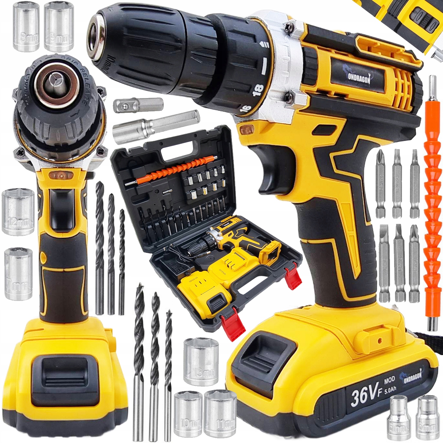 Wiertarko Wkrętarka Akumulatorowa 36V Żółta 2 Akumulatory 5.0Ah W Waliza