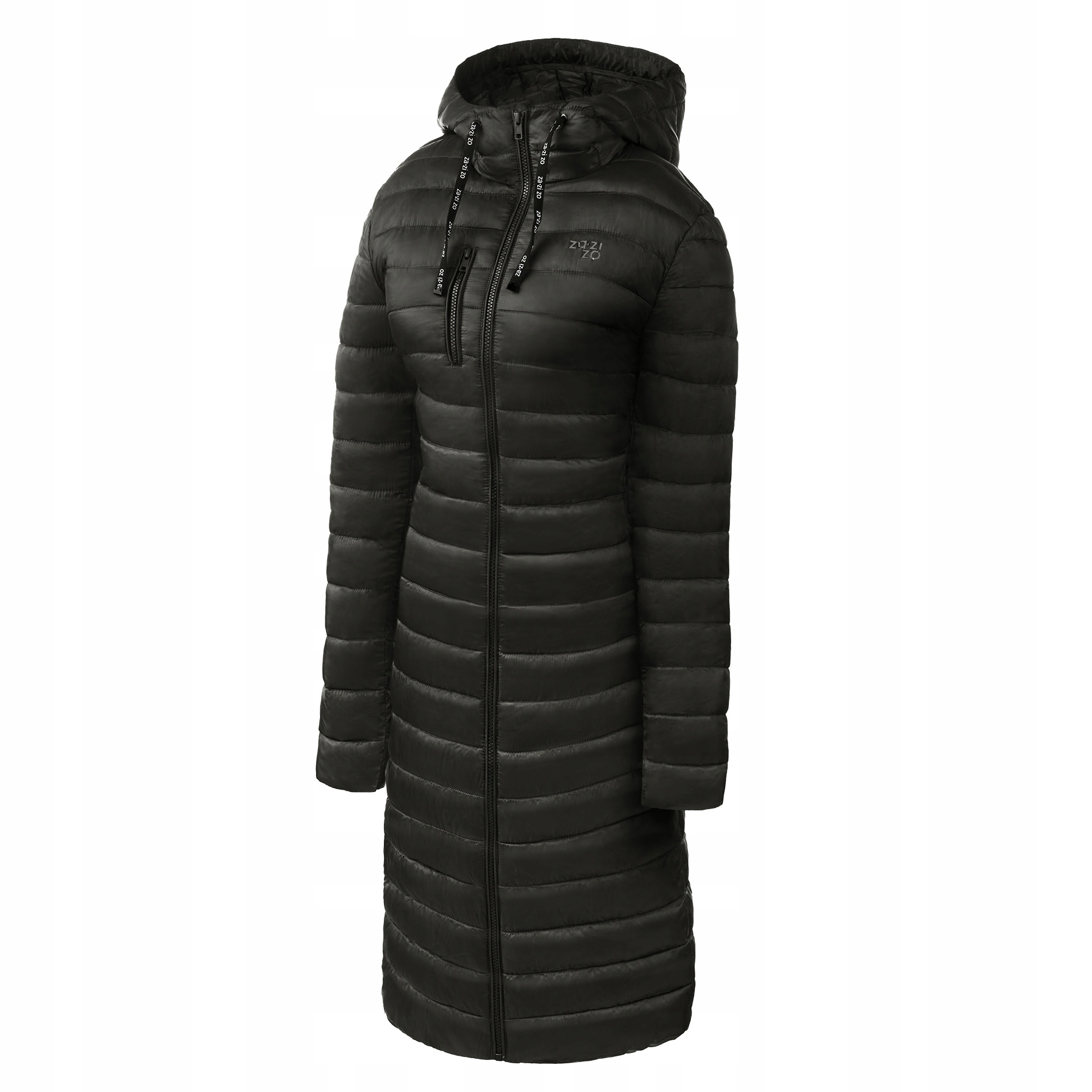 Dámský dlouhý kabát s kapucí, černý, S