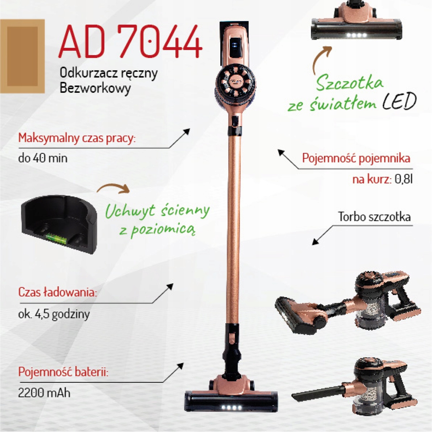 Odkurzacz Pionowy Adler AD 7044 Bezworkowy 120W Turbo LED 40 min