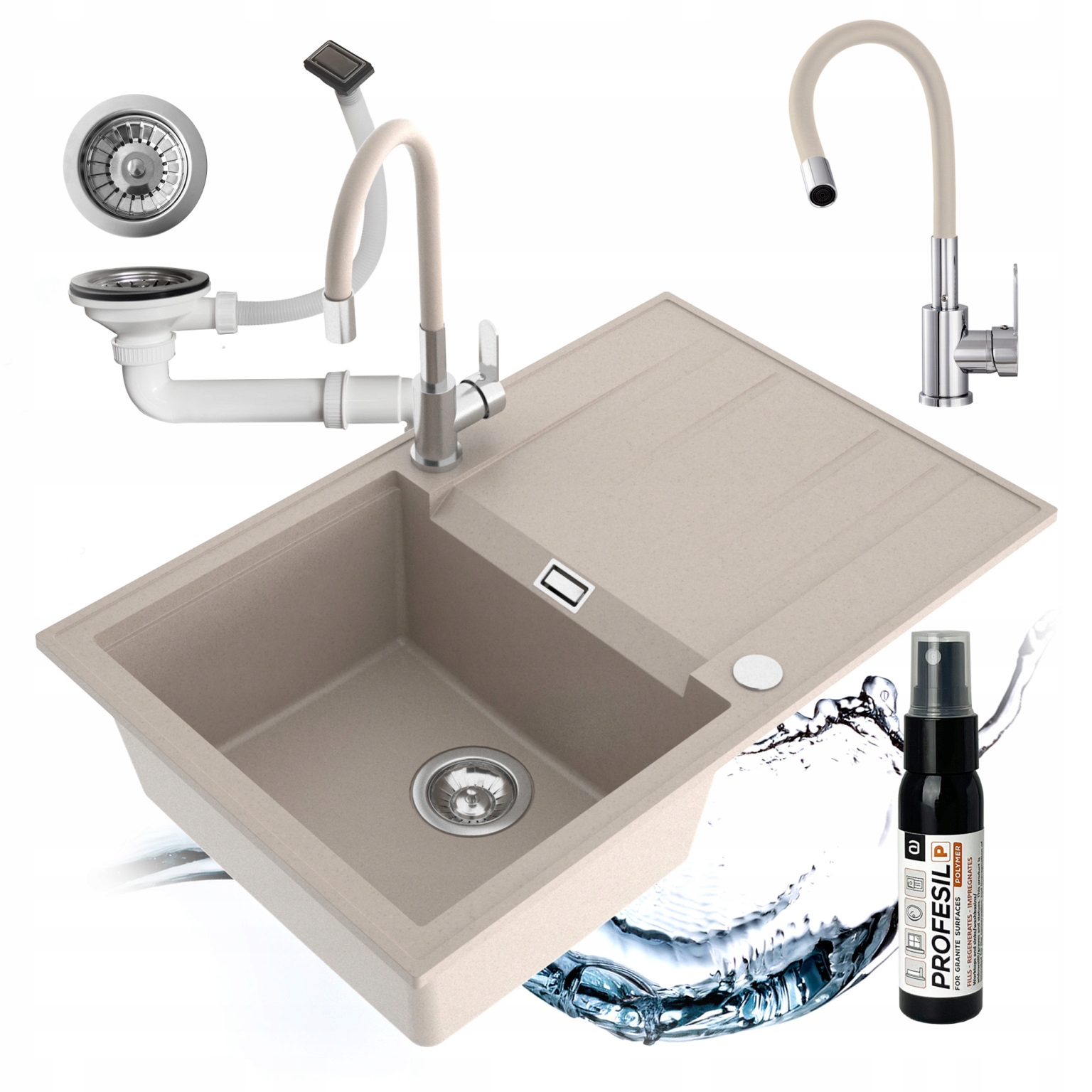 Drezový Kuchynský Drez Granitový Jednokomorový Batéria Flexibilný Sifón