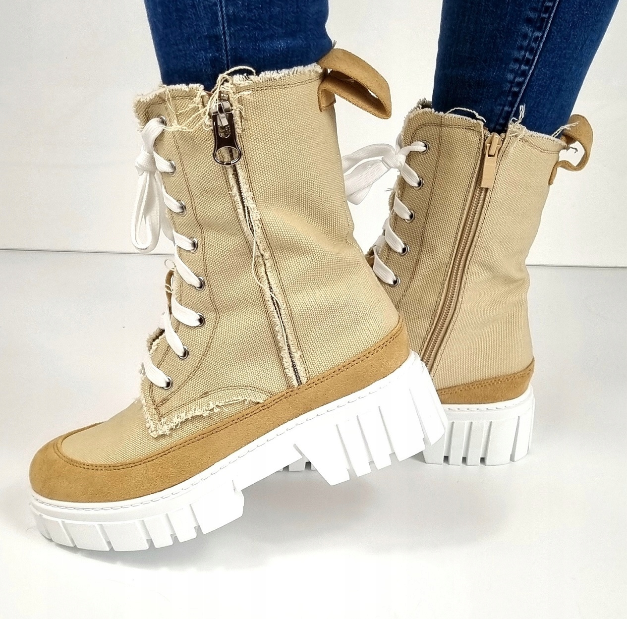 BEŻOWE BOTKI BUTY TRAPERY TRAMPKI BIAŁE NOWE 36 Rozmiar 36