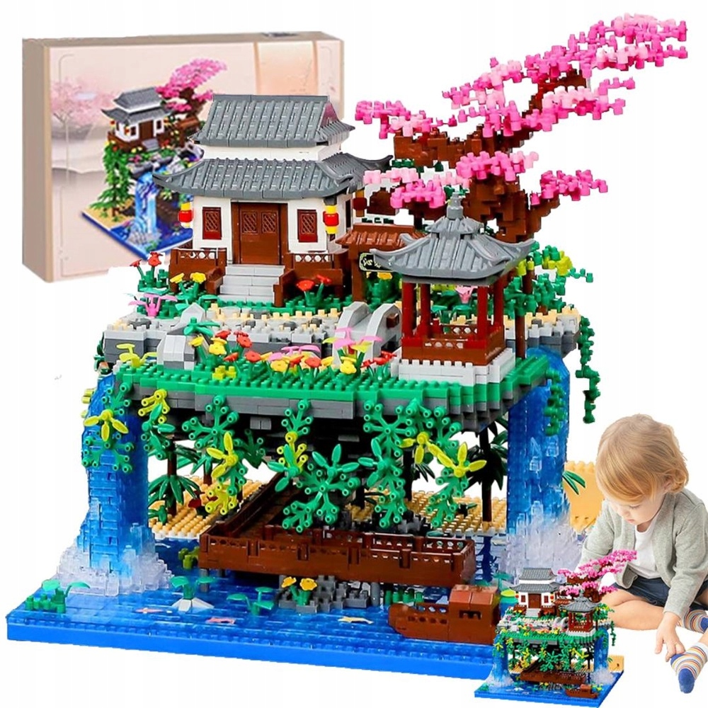 MINIATUROWY ZESTAW KLOCKÓW DRZEWKO BONSAI BRZOSKWINIOWE Z WODOSPADEM LED
