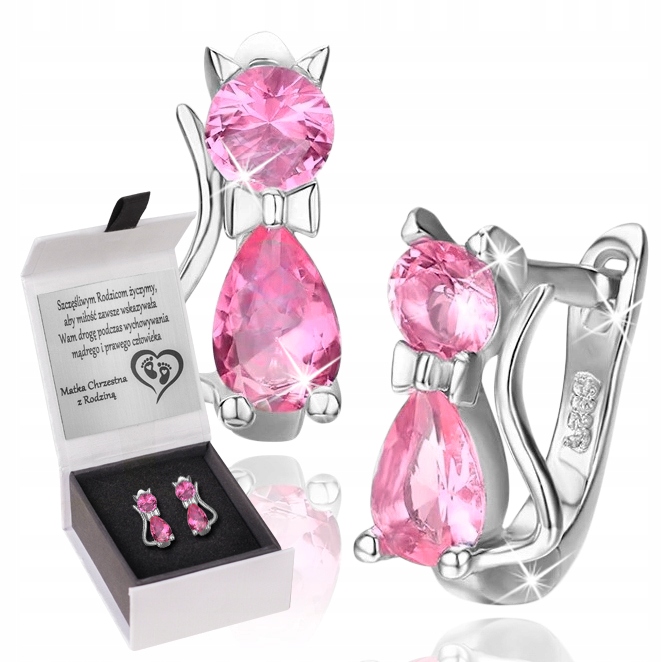 KOLCZYKI SREBRNE 925 DLA DZIEWCZYNKI KOTKI GRAWER