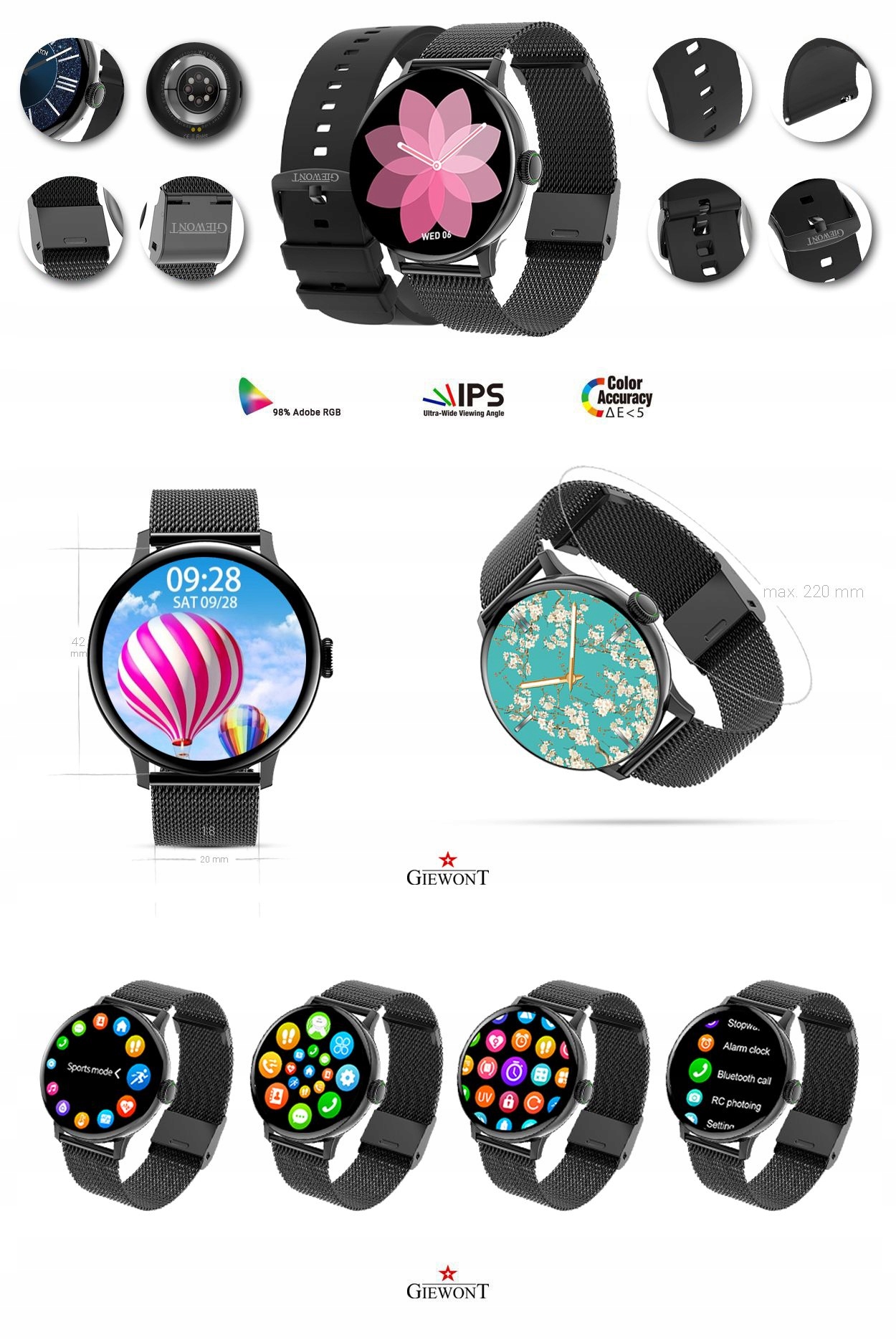 Smartwatch Damski Z Funkcją Rozmowy SMS Ciśnienie Czarny 2 Paski +Ładowarka Model GW300