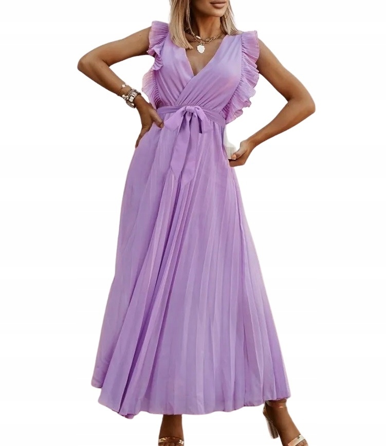 Sukienka plisowana długa z falbankami pasek