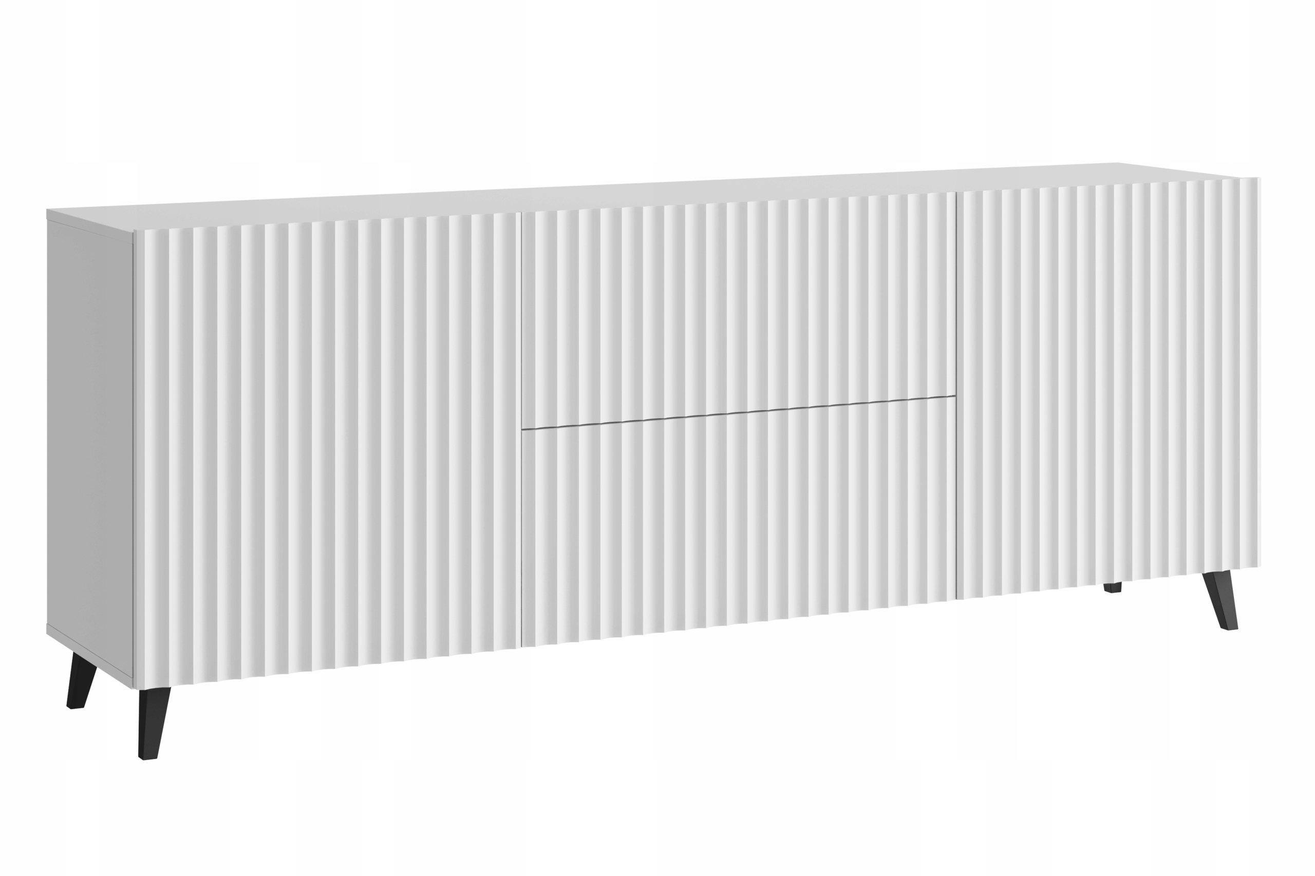 Moderní Rtv skříňka 180 cm bílá s rýhovanými čely, zásuvkami, skříňkami
