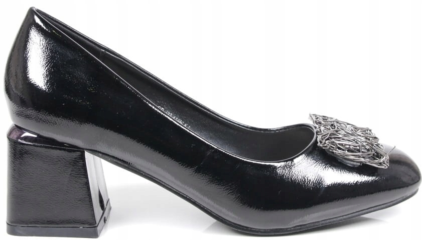 ELEGANCKIE CZÓŁENKA BUTY DAMSKIE NA KLOCKU NISKIM OBCASIE CZARNE LAKIER HOT Oryginalne opakowanie producenta pudełko