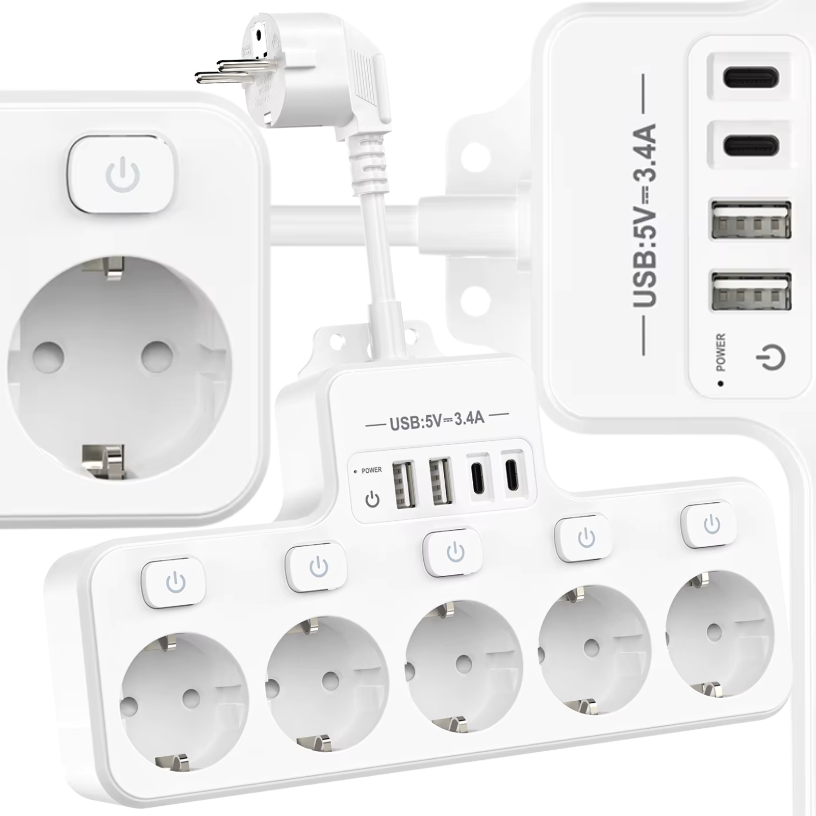 Zásuvková Lišta Prodlužovací kabel s vypínačem 5 zásuvek 4 Usb nabíječka