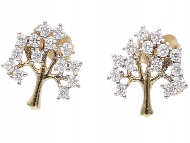 Zlaté náušnice 585 Stromek Štěstí Se Zirkony, módní vzor pro ni