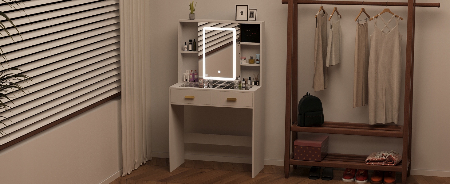 TOALETKA KOSMETYCZNA Z LUSTREM LED DREWNIANA BIAŁA Liczba szuflad 1