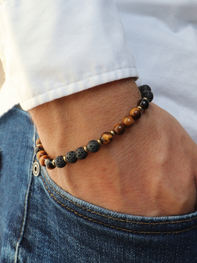 Pánský náramek láva, tygří oko, hematit 20 cm