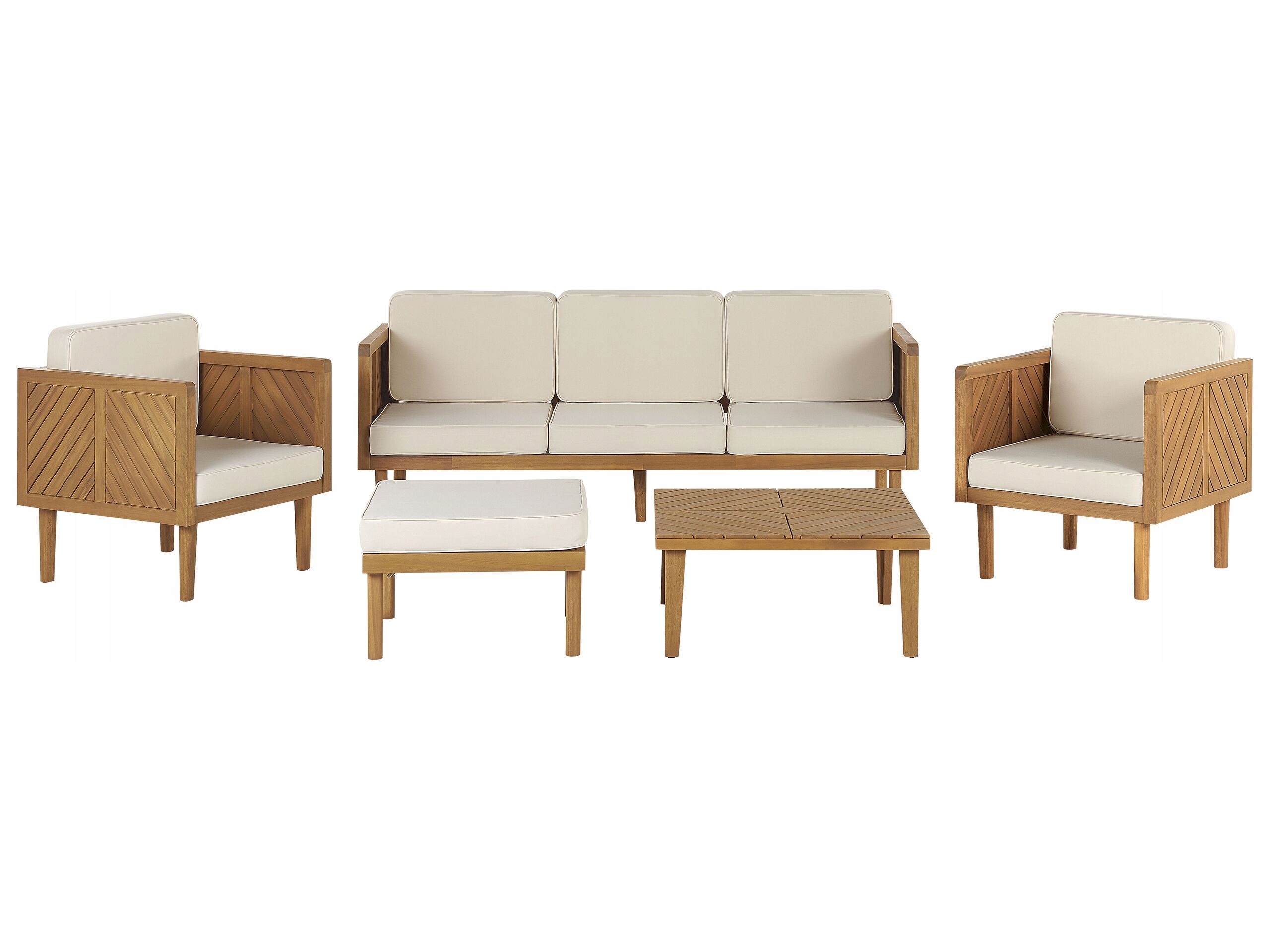 Zestaw ogrodowy drewniany sofa, 2 fotele i otomana
