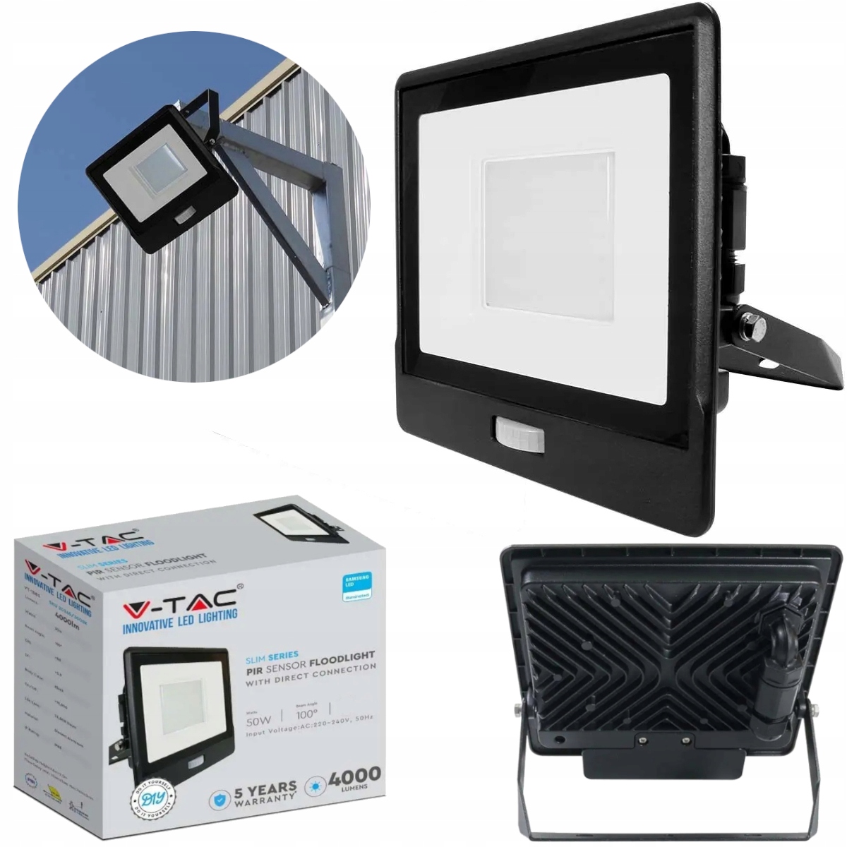 V-TAC SAMSUNG NAŚWIETLACZ LED HALOGEN NEUTRALNY CZUJNIK RUCHU 50W CZARNY