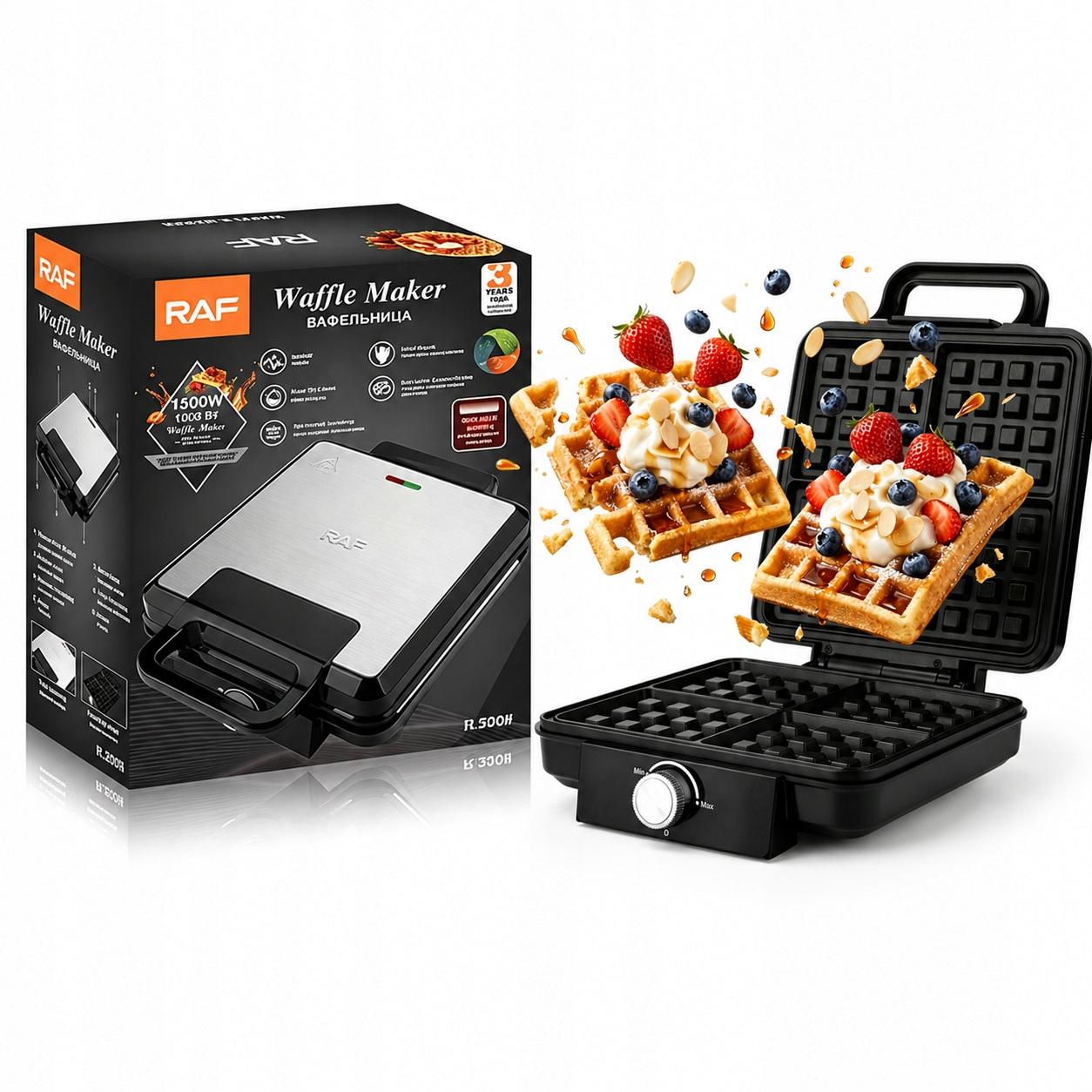Vaflovač na 4 Křupavé Velké Vafle Opékač Regulace Povrchová Úprava Non Stick