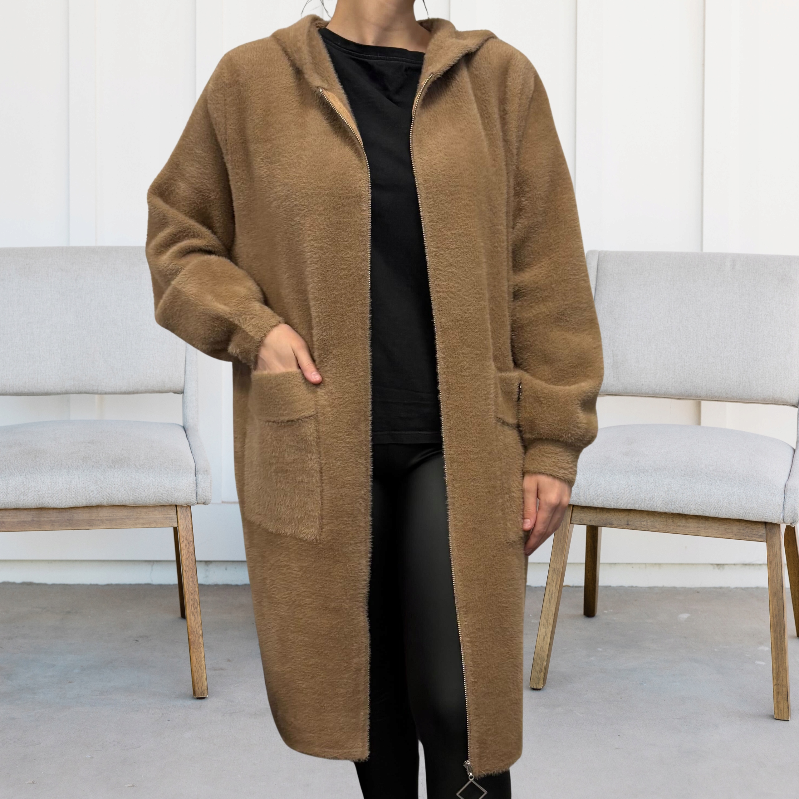 ALPAKA DAMSKA PŁASZCZ KURTKA SWETER CIEPŁA DŁUGA KAPTUR CIEMNY KARMEL 2186 Marka bez marki