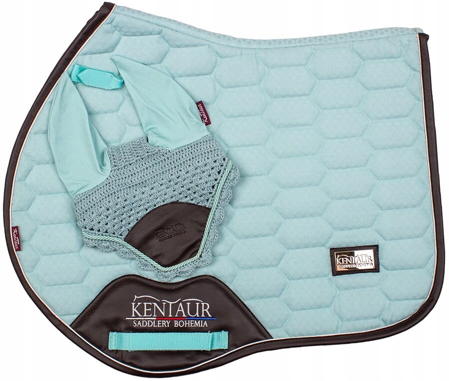 Czaprak KenTaur z nausznikami zestaw skórzane elementy Full turkusowy