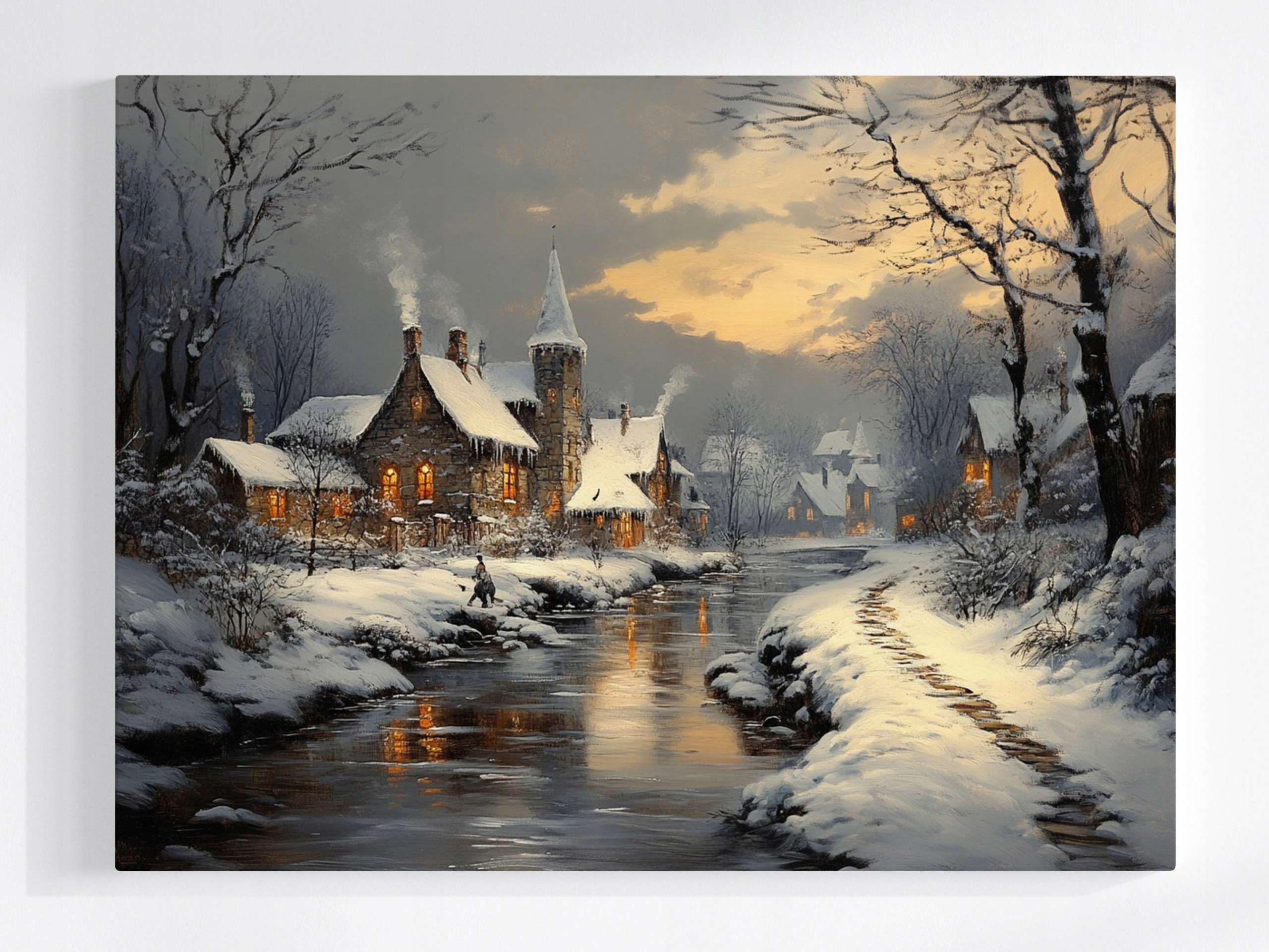 Obraz Na Plátně Canvas Krajina Město Řeka Domy Zima Sníh Mráz 100x75