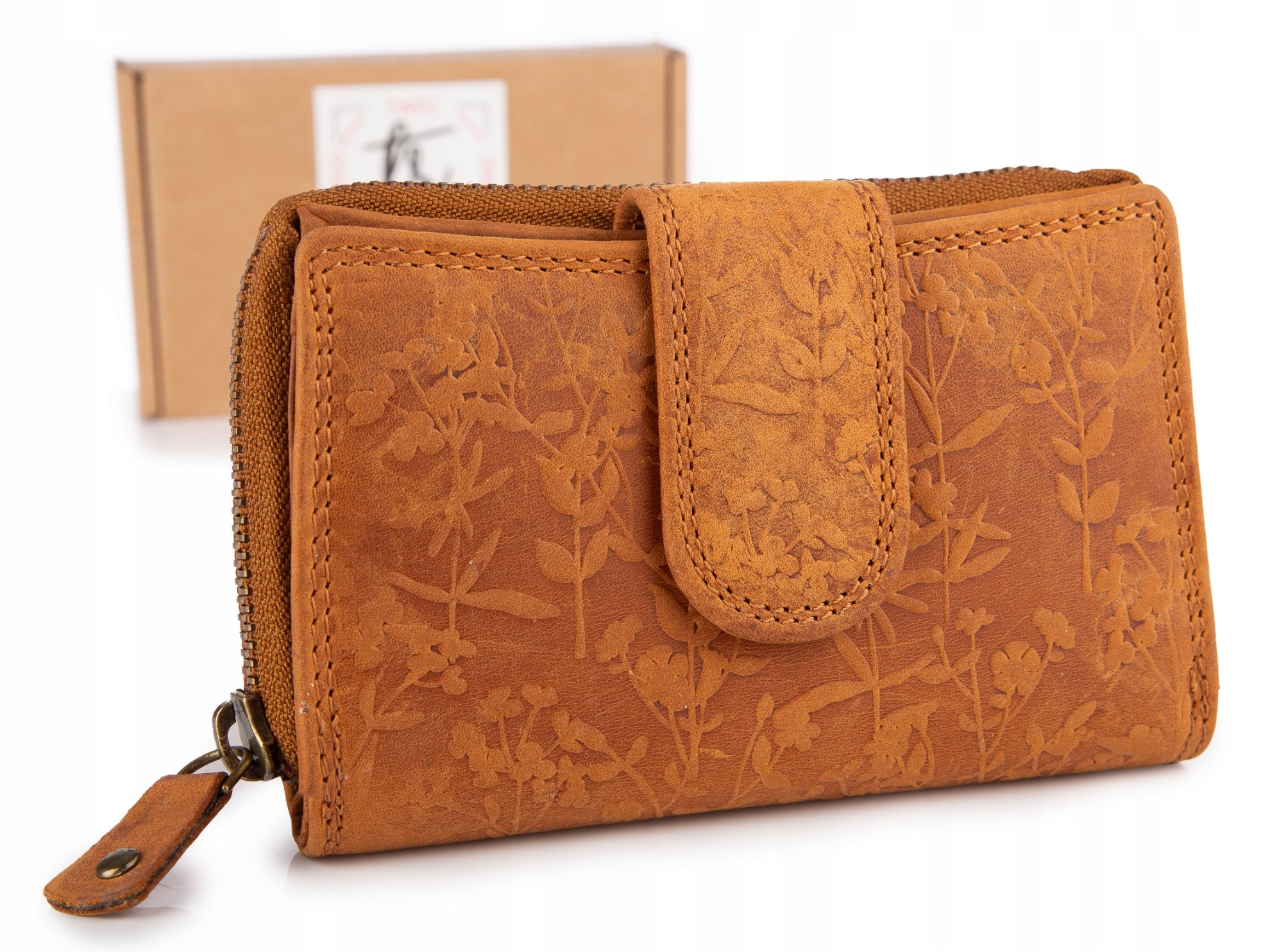 Velká dámská kožená peněženka ručně šitá s květinovým vzorem, béžová