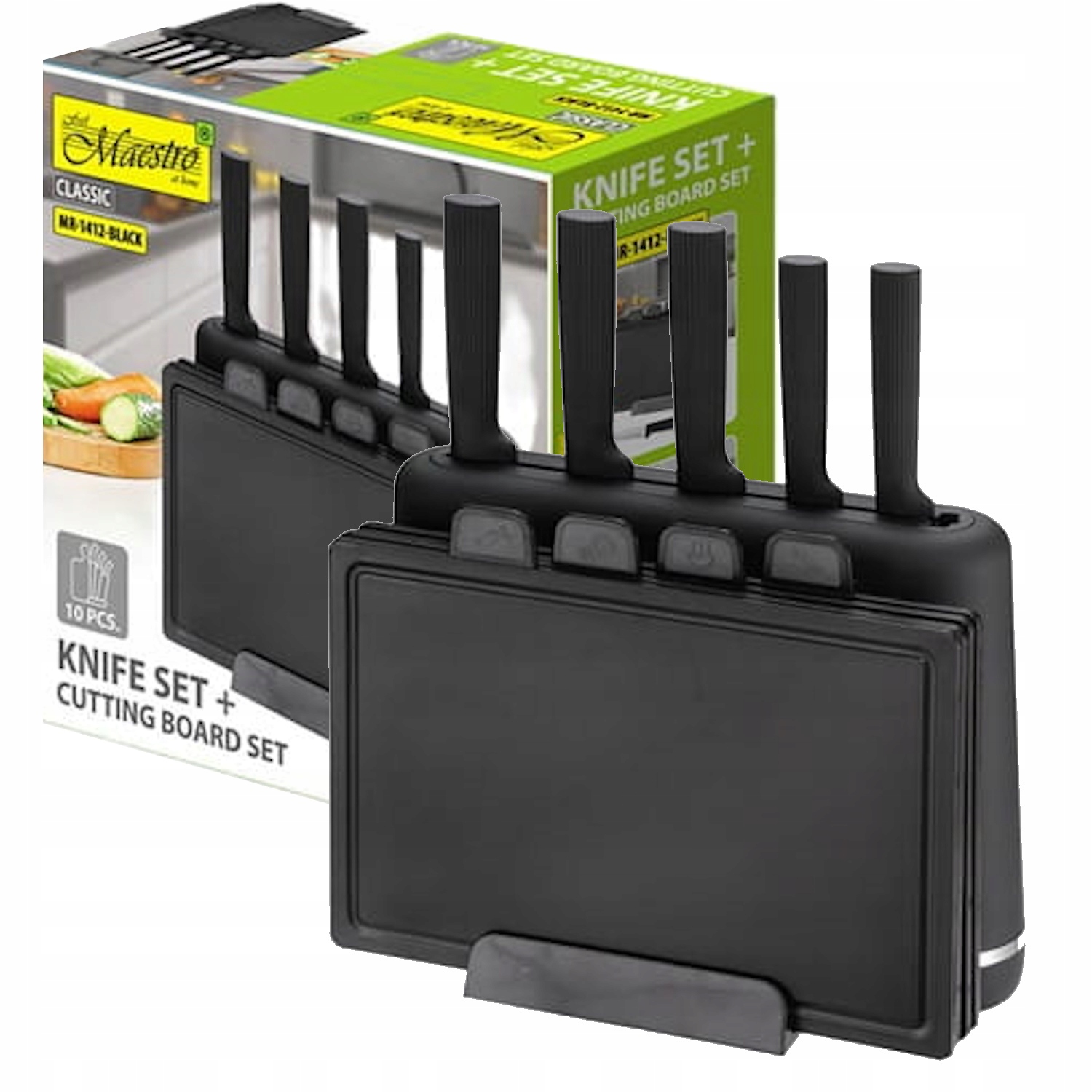 Elegantní sada nožů a prkének na podstavci 2v1 Maestro MR1412 černá