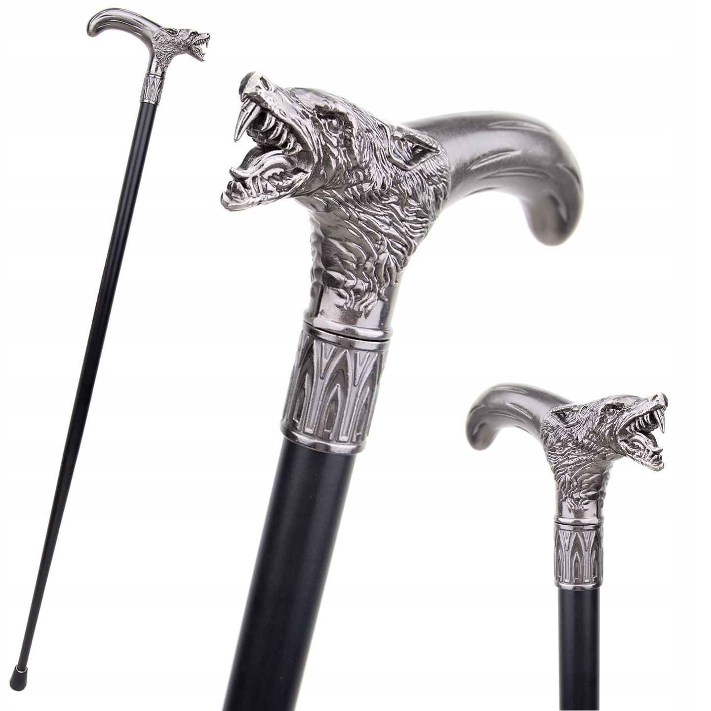 Laska metalowa ozdobna Groźny Wilk Srebrna Zdobiona laska dla seniora