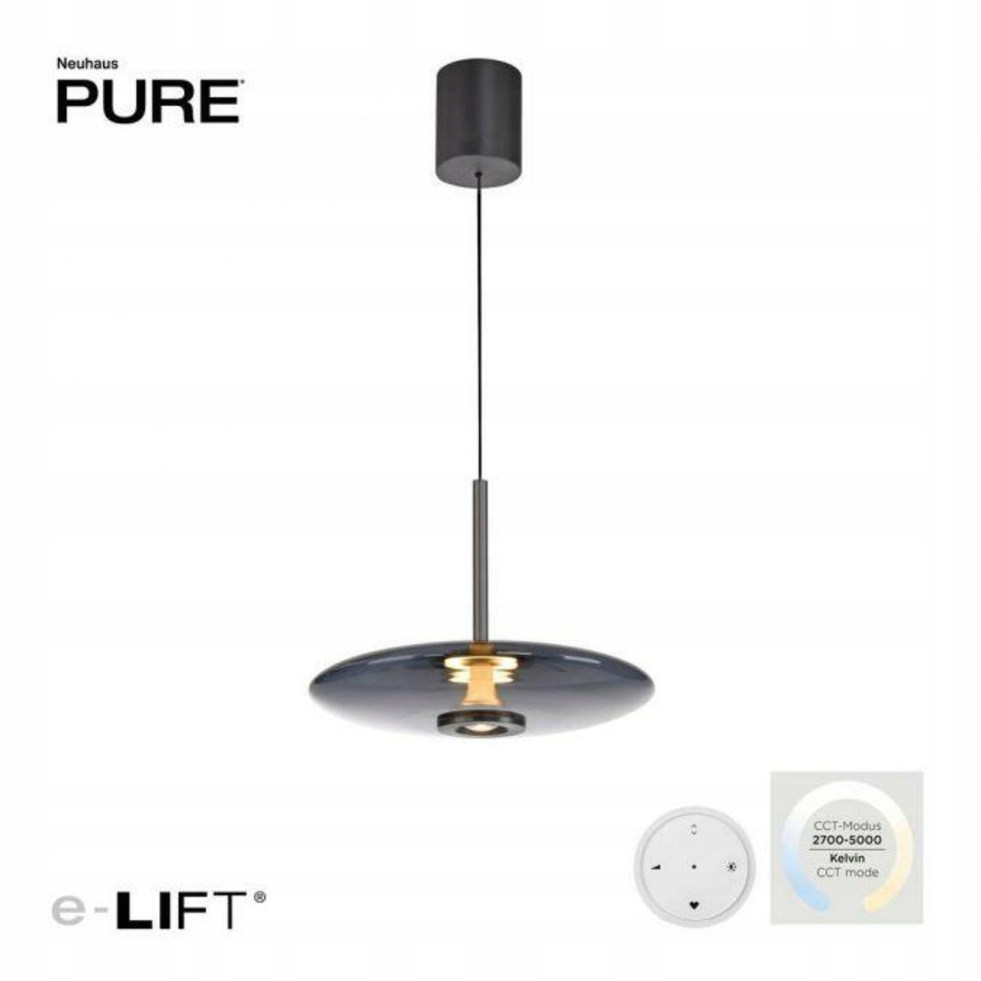 Paul Neuhaus Pure E-Vitrum šedé závesné svietidlo, Led, e-LIFT, Cct, diaľkové