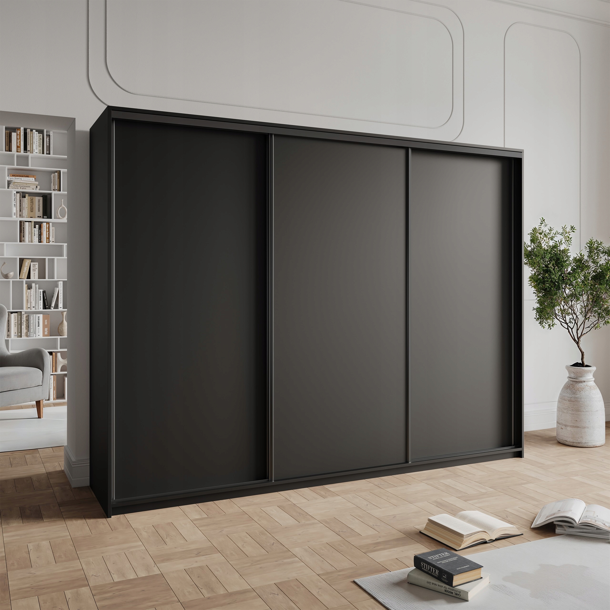 Skříň 250 cm se zásuvkami, třídveřová, černá černá