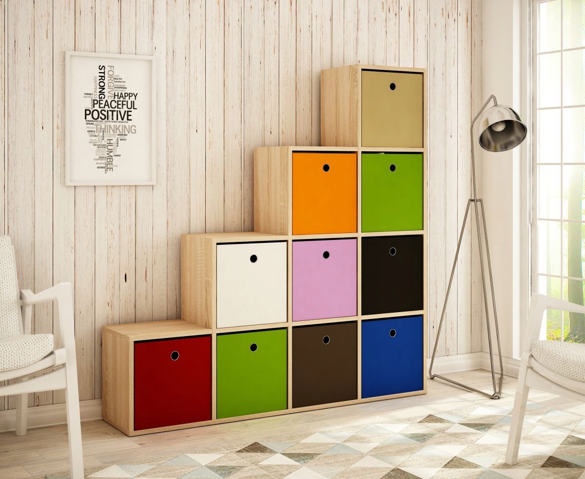 NOWOCZESNY REGAŁ SCHODKOWY NA KSIĄŻKI, ZABAWKI, BIAŁY, CZARNY, DĄB SONOMA Głębokość mebla 33 cm