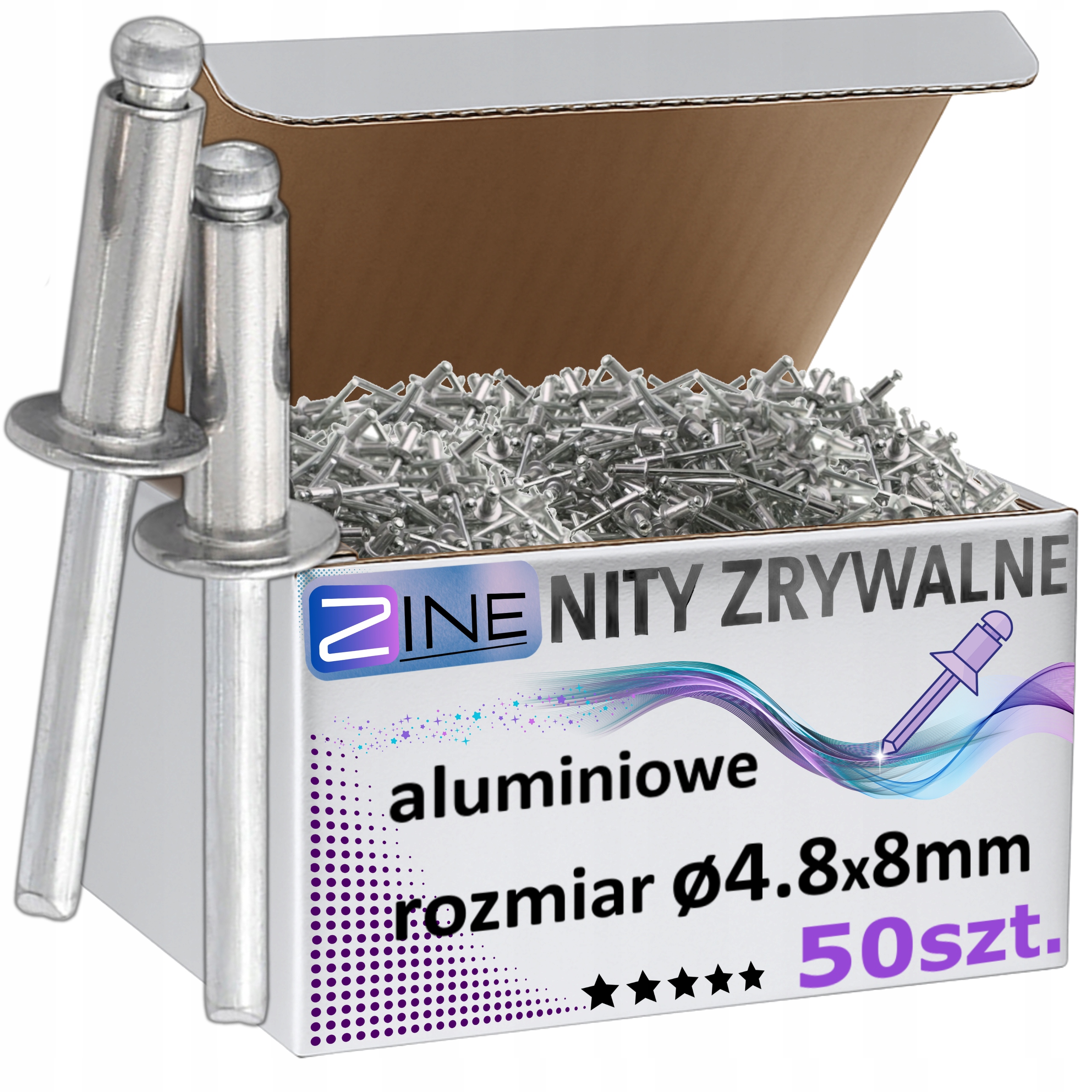 Nity Zrywalne Aluminiowe 4.8x8mm Odporne na Rdzę Zestaw Nitów Zine 50sztuk
