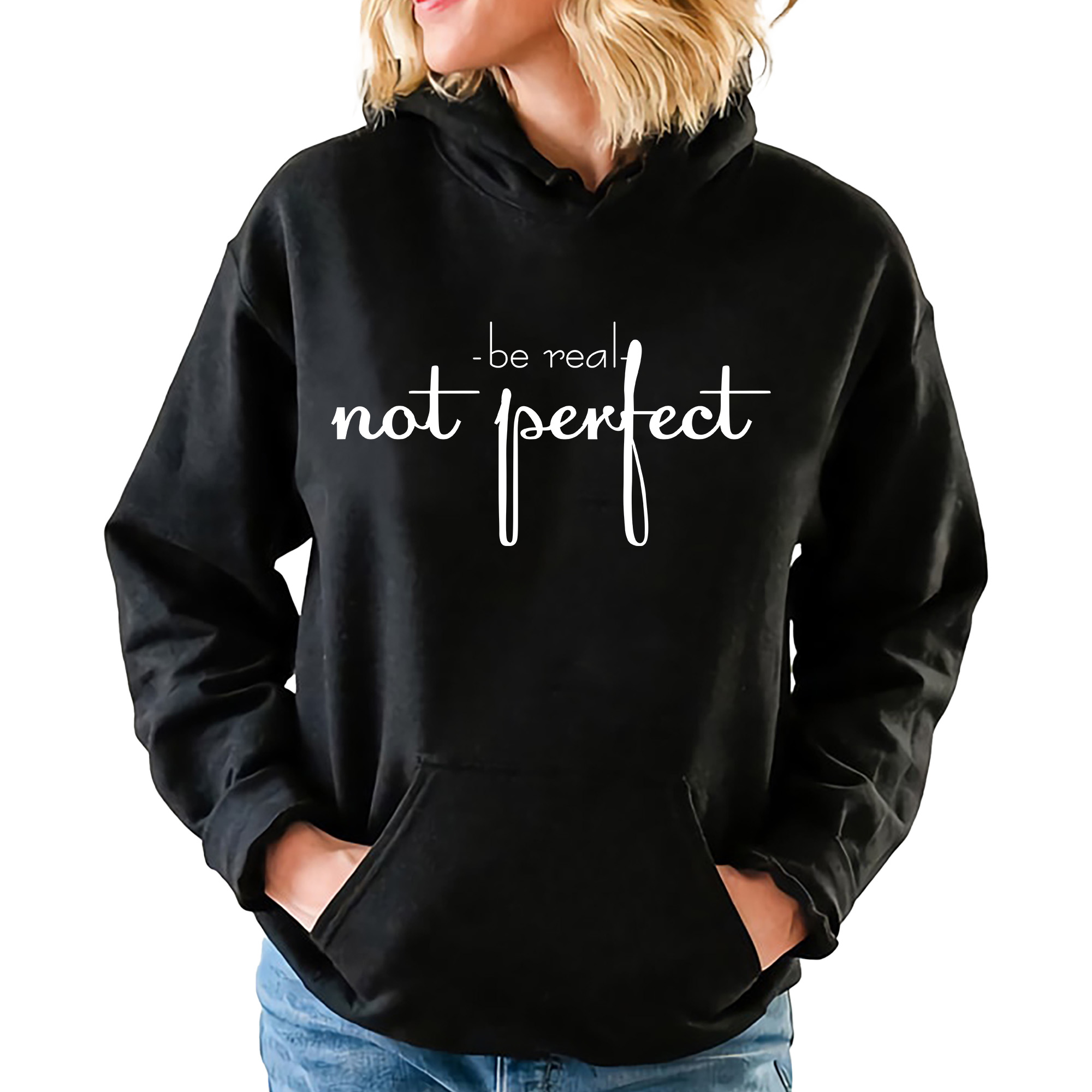 Mikina Černá S Kapucí Be Real Not Perfektní jako Dárek Vzory Vel S