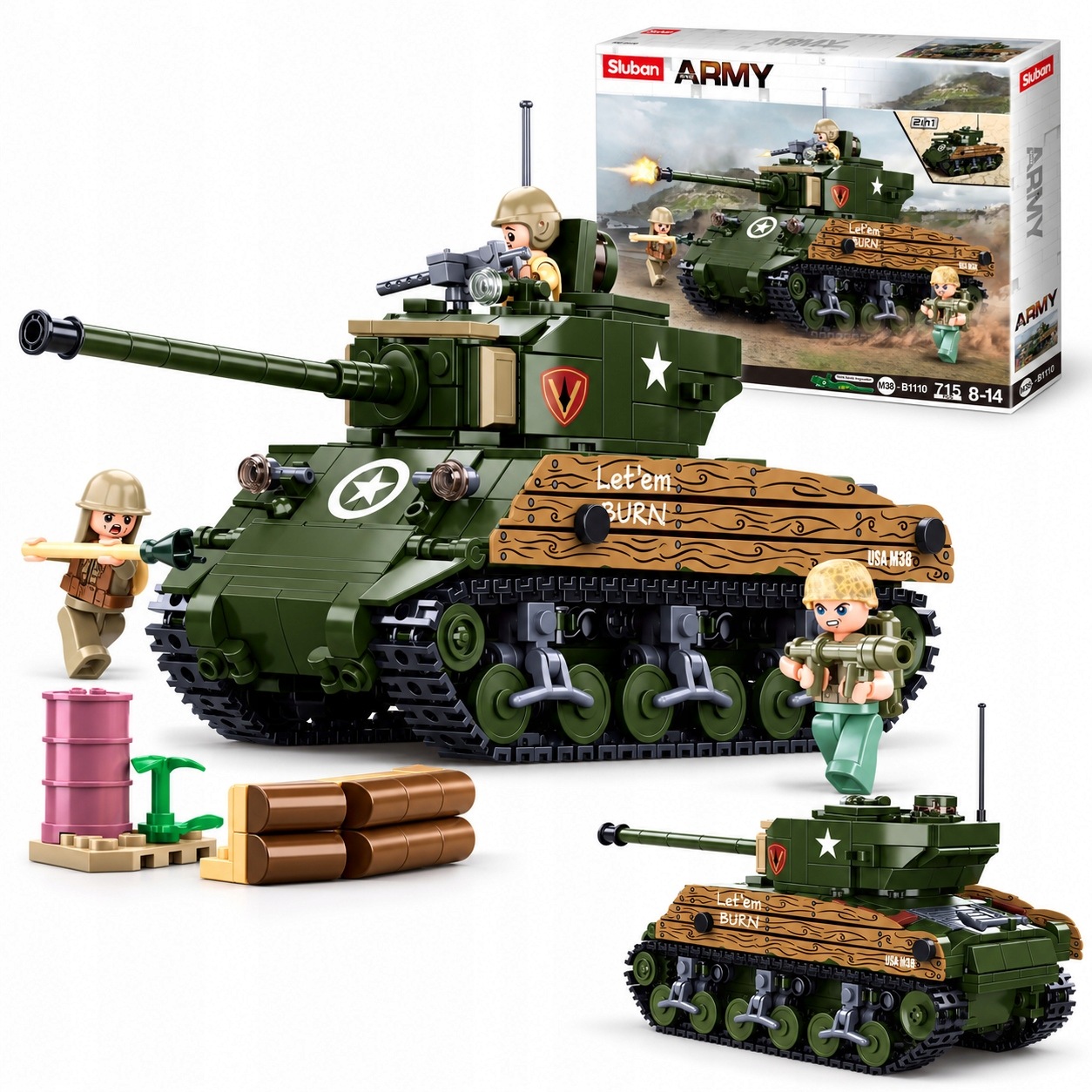M38- Czołg M4A3 Sherman Usa Armia 715 el. 3 Figurki 2w1 (B1110)