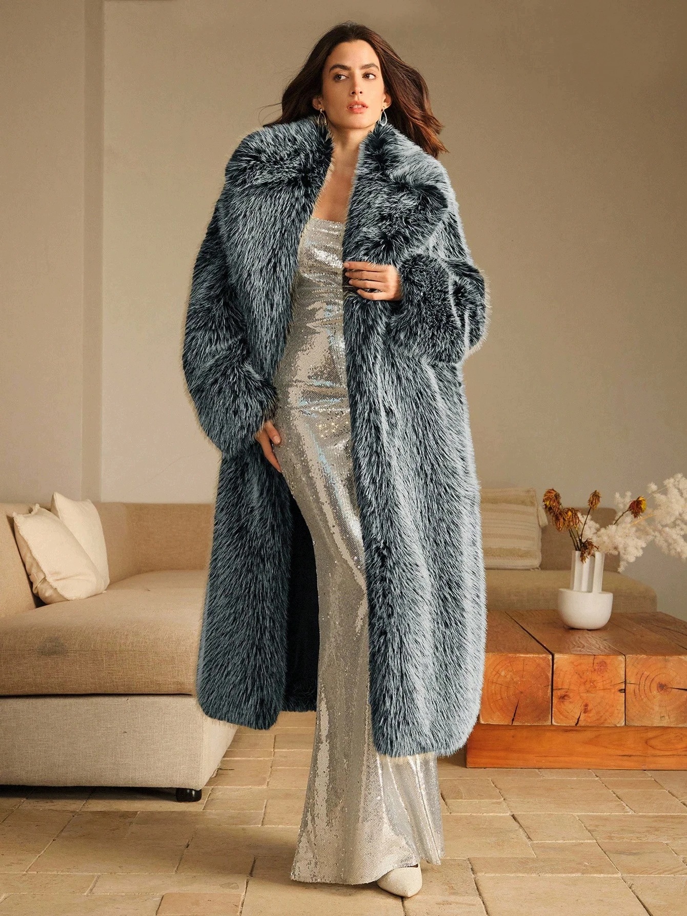 Kožešina Dámské Umělé Šedé Maxi Oversize S Límcem, Dlouhý Rukáv, Velikost M 38