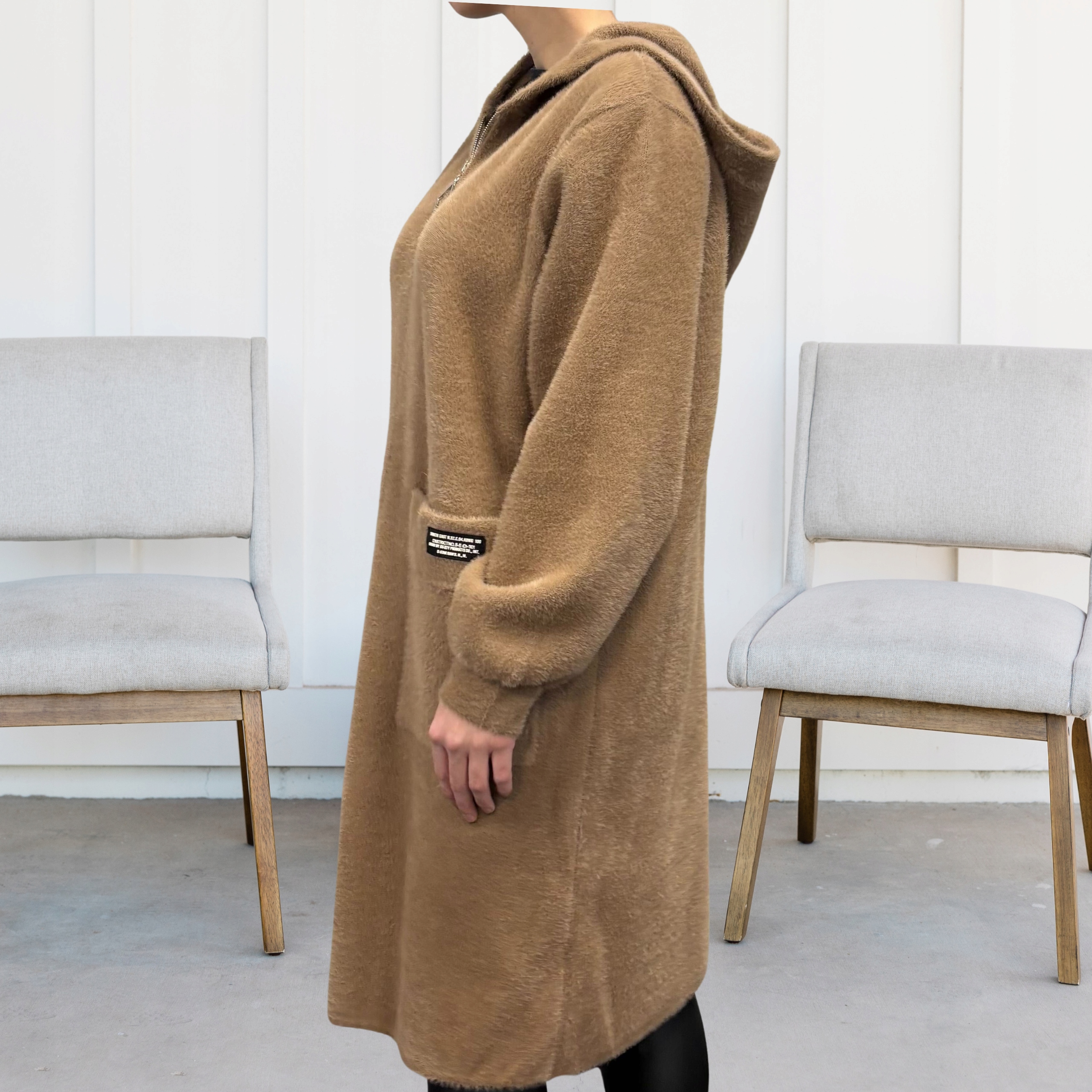 ALPAKA DAMSKA PŁASZCZ KURTKA SWETER CIEPŁA DŁUGA KAPTUR CIEMNY KARMEL 2186 Rozmiar uniwersalny