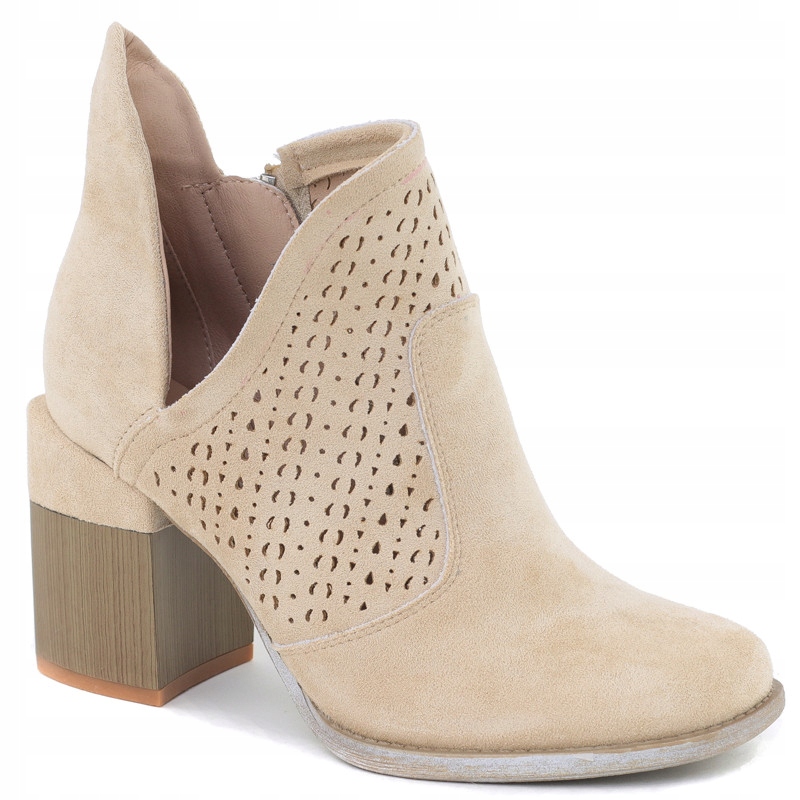 Béžové dámské kotníkové boty s prolamovaným semišovým podpatkem, pohodlný, elegantní sloupek