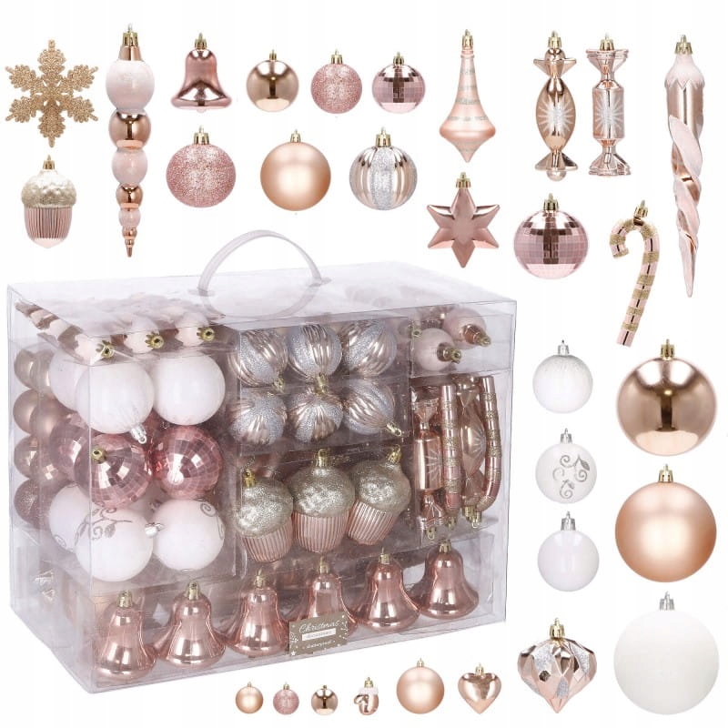 

Duży zestaw świątecznych ozdób 153 el. rose gold