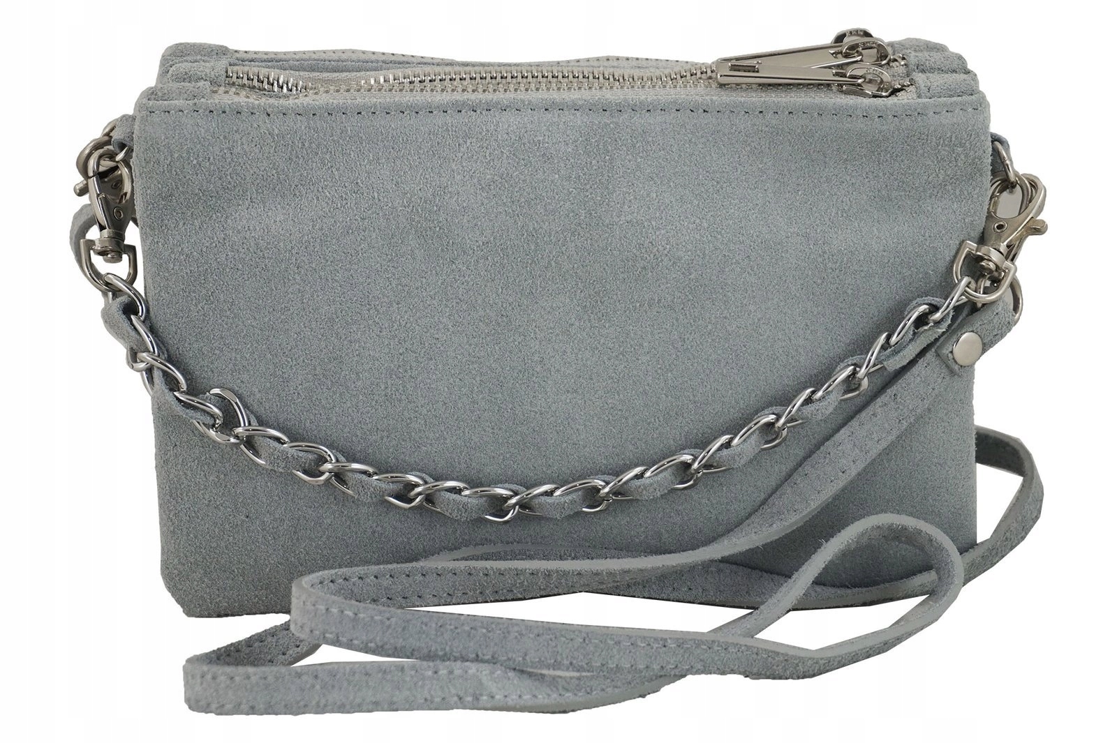 Kabelka Přes Rameno tříkomorová semišová přírodní kůže světle šedá