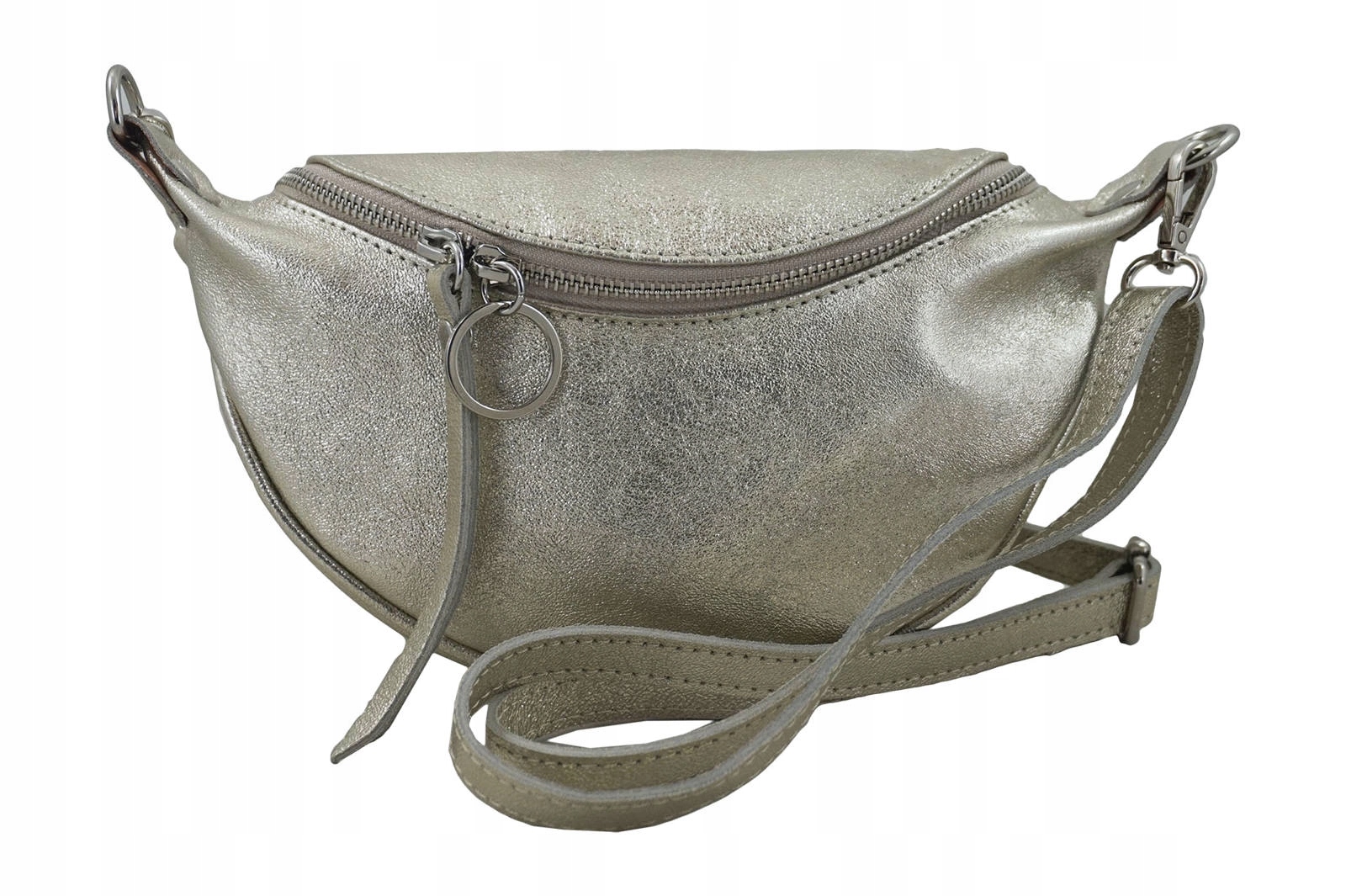 Kožená taška ledvinka s ozdobným páskem, metalizovaná, dámská zlatá