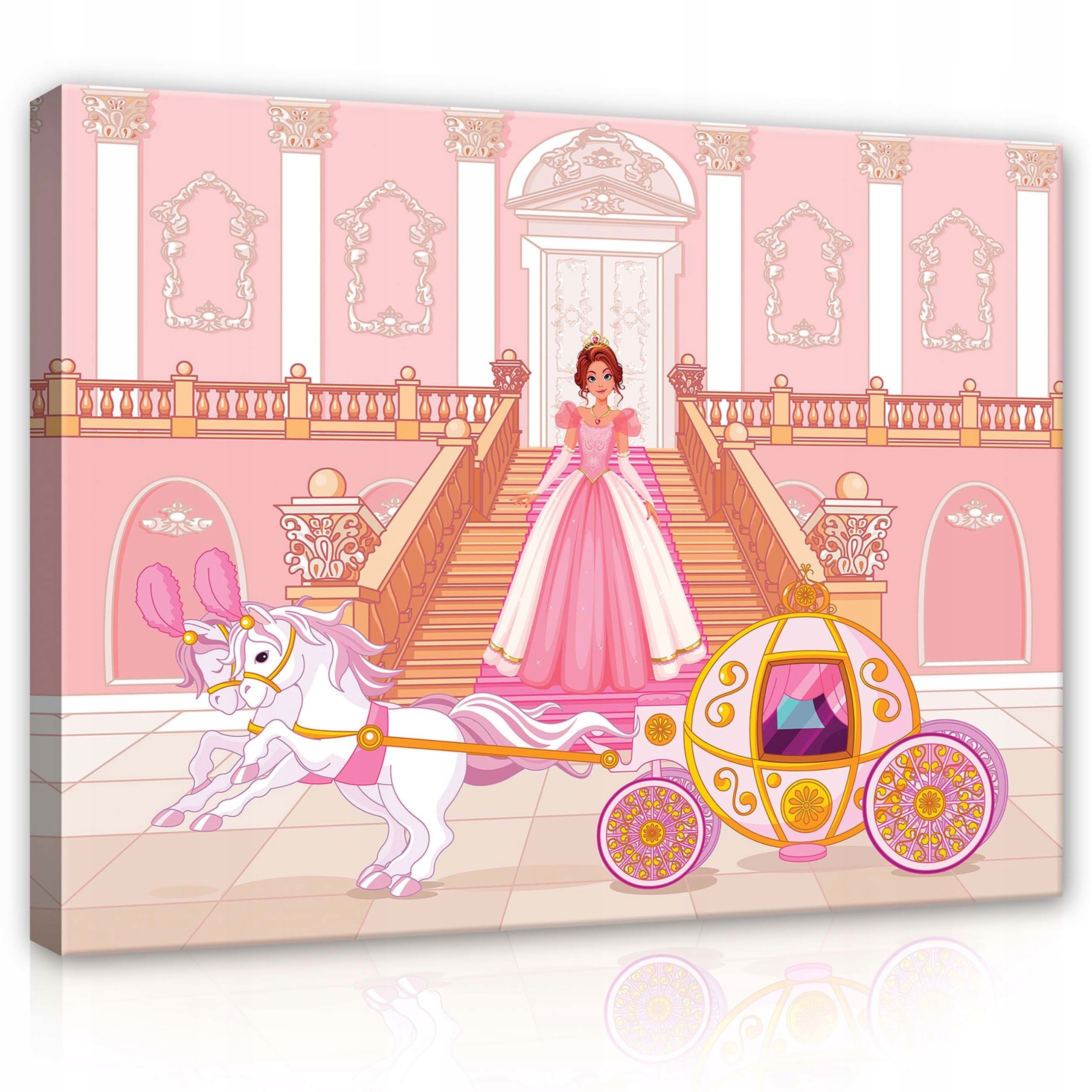 Obraz 80x60 Princezna kareta koně palác schody růžové zlato