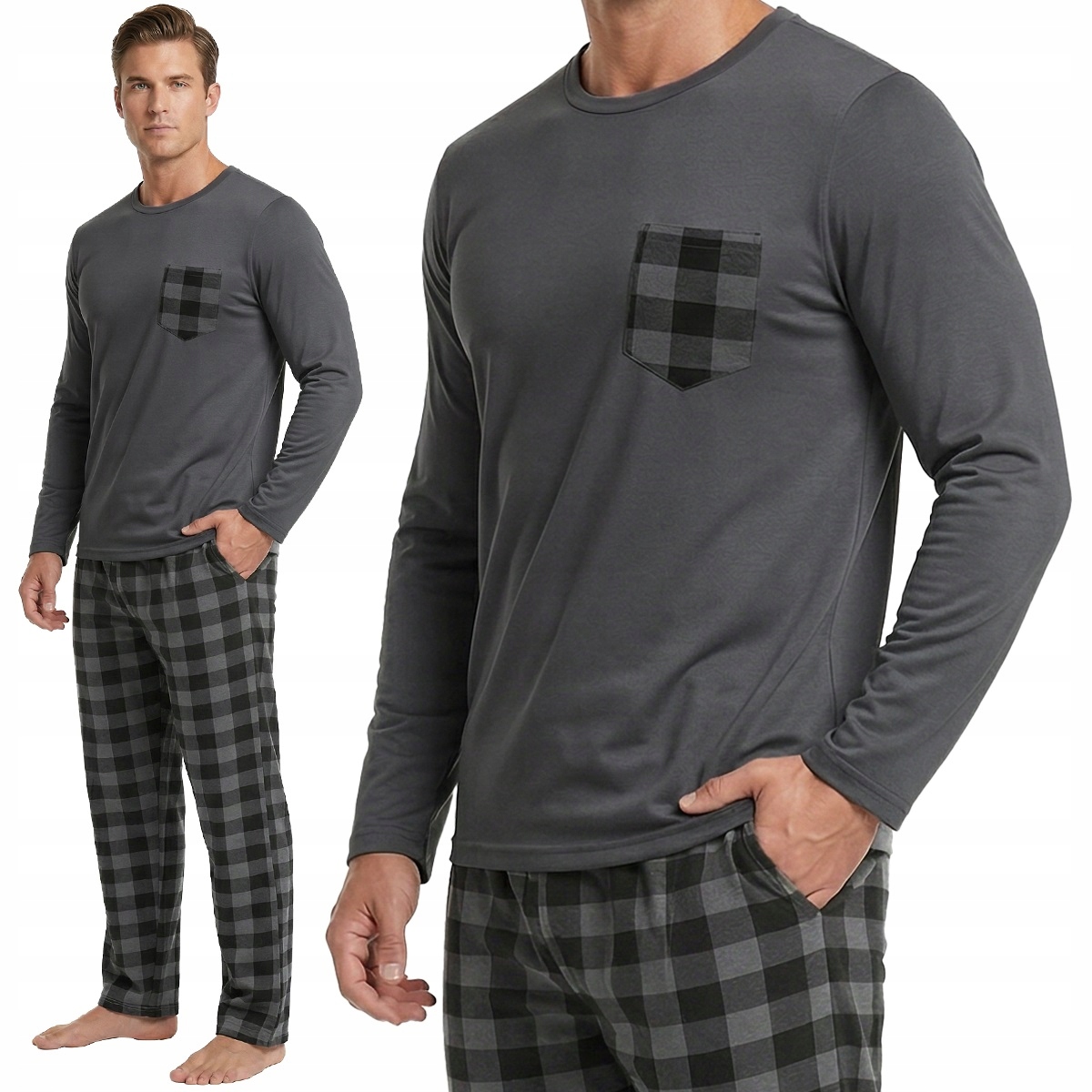 ElegantePrecio piżama męska DŁUGI RĘKAW GRAFIT długi rękaw