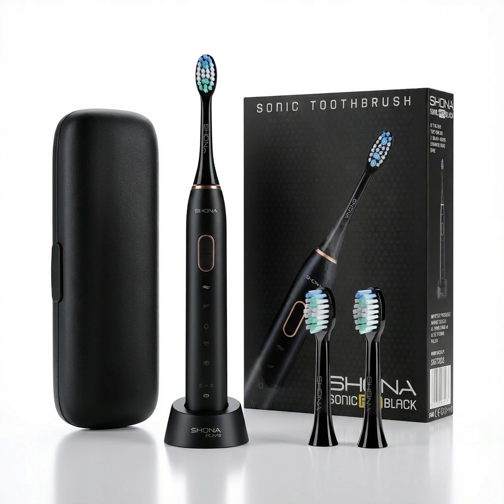 Szczoteczka soniczna do zębów Shona Pro black (Etui, 2x końcówki, tryby)