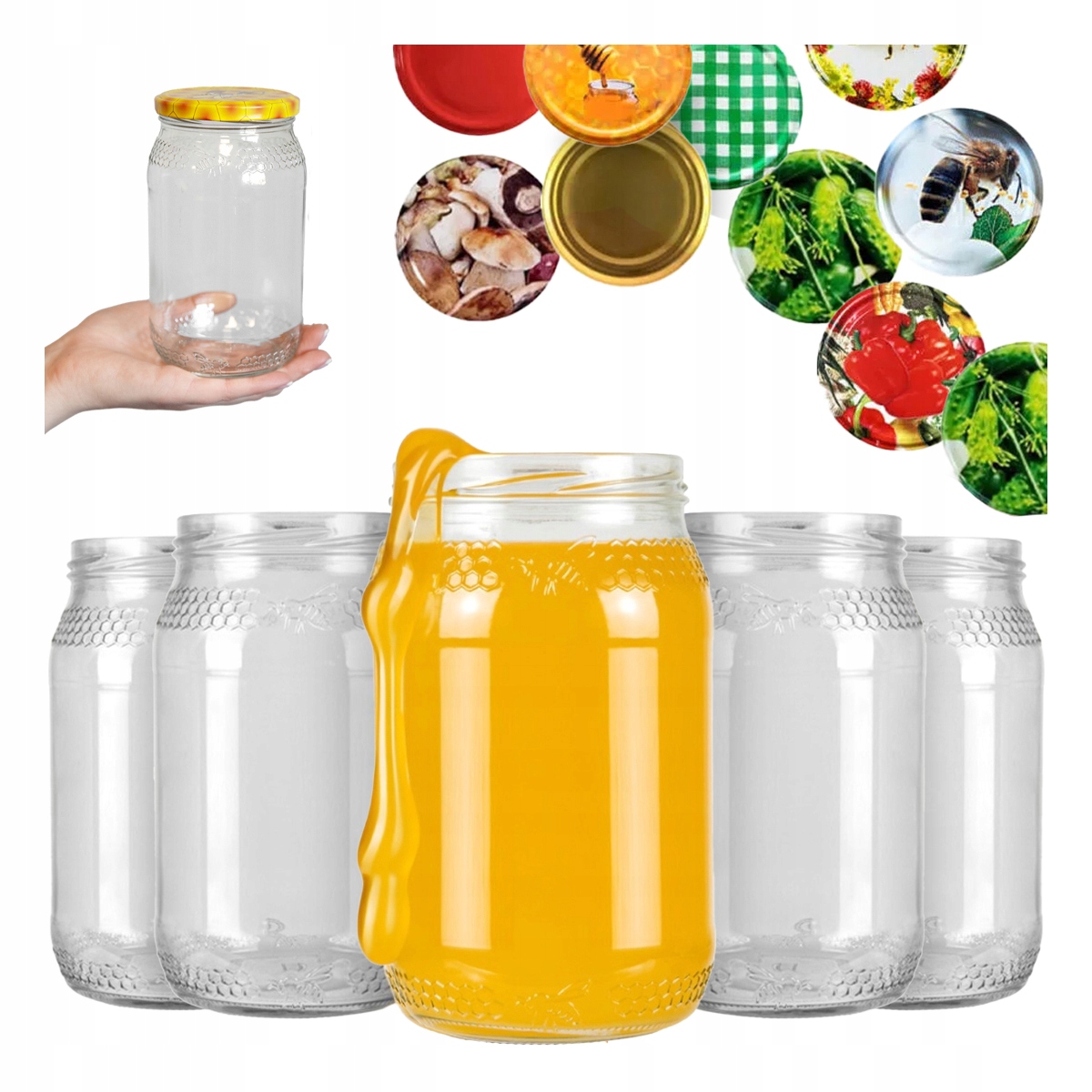 48x Sklenička 900 ml Včela Medová Plástev se šroubovacím uzávěrem fi82 na Med sklenice 0,9L