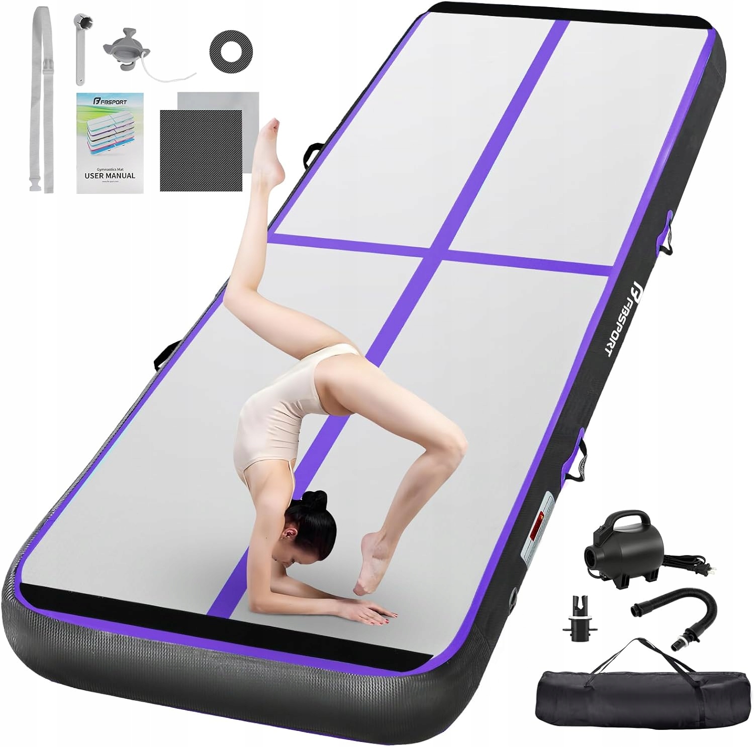 Mata gimnastyczna treningowa Fbsport Air Track 4M x 100cm x 10cm z pompką