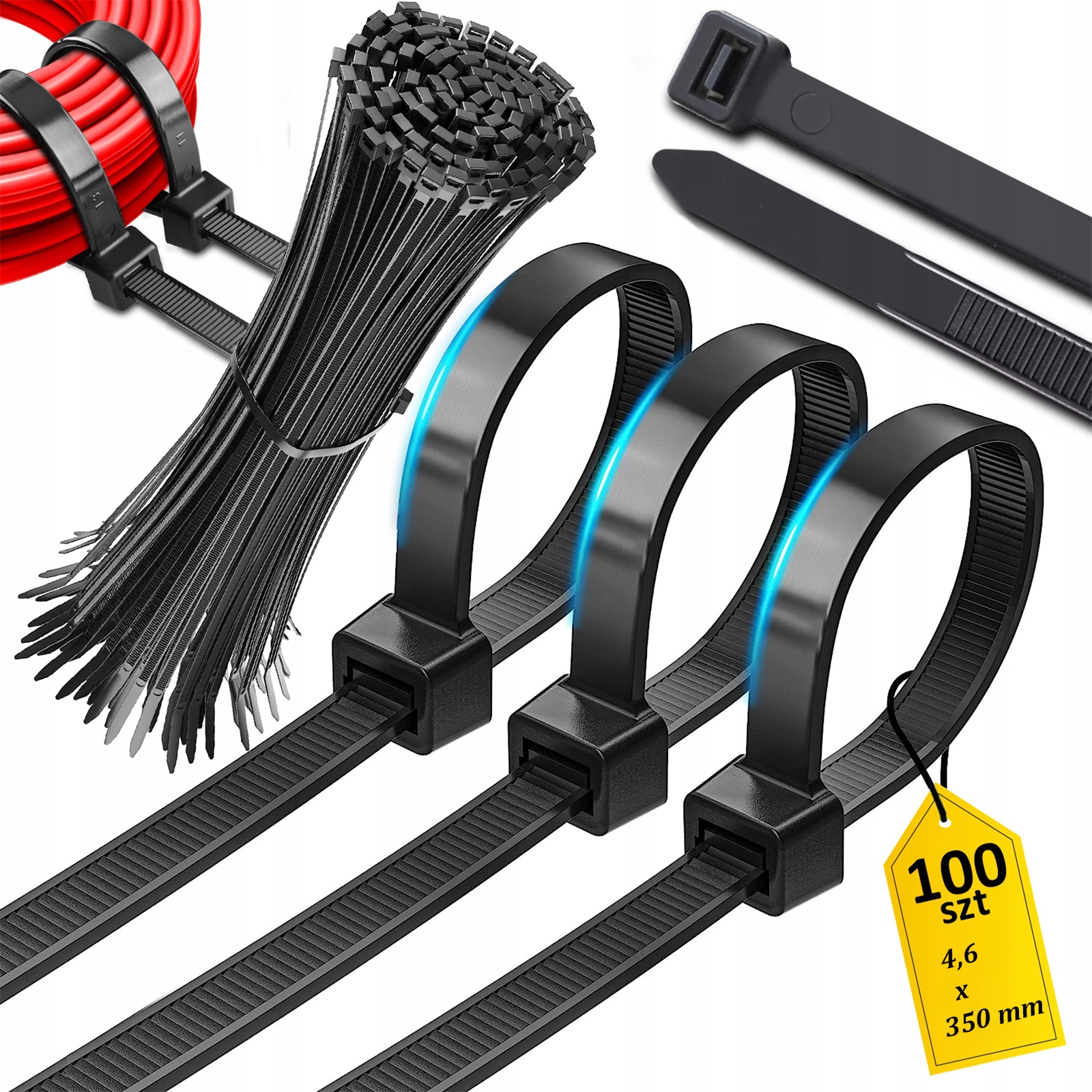 Mocne Opaski Zaciskowe Kablowe Trytki Ziperki Czarne Taśma 4,6x350mm 100szt