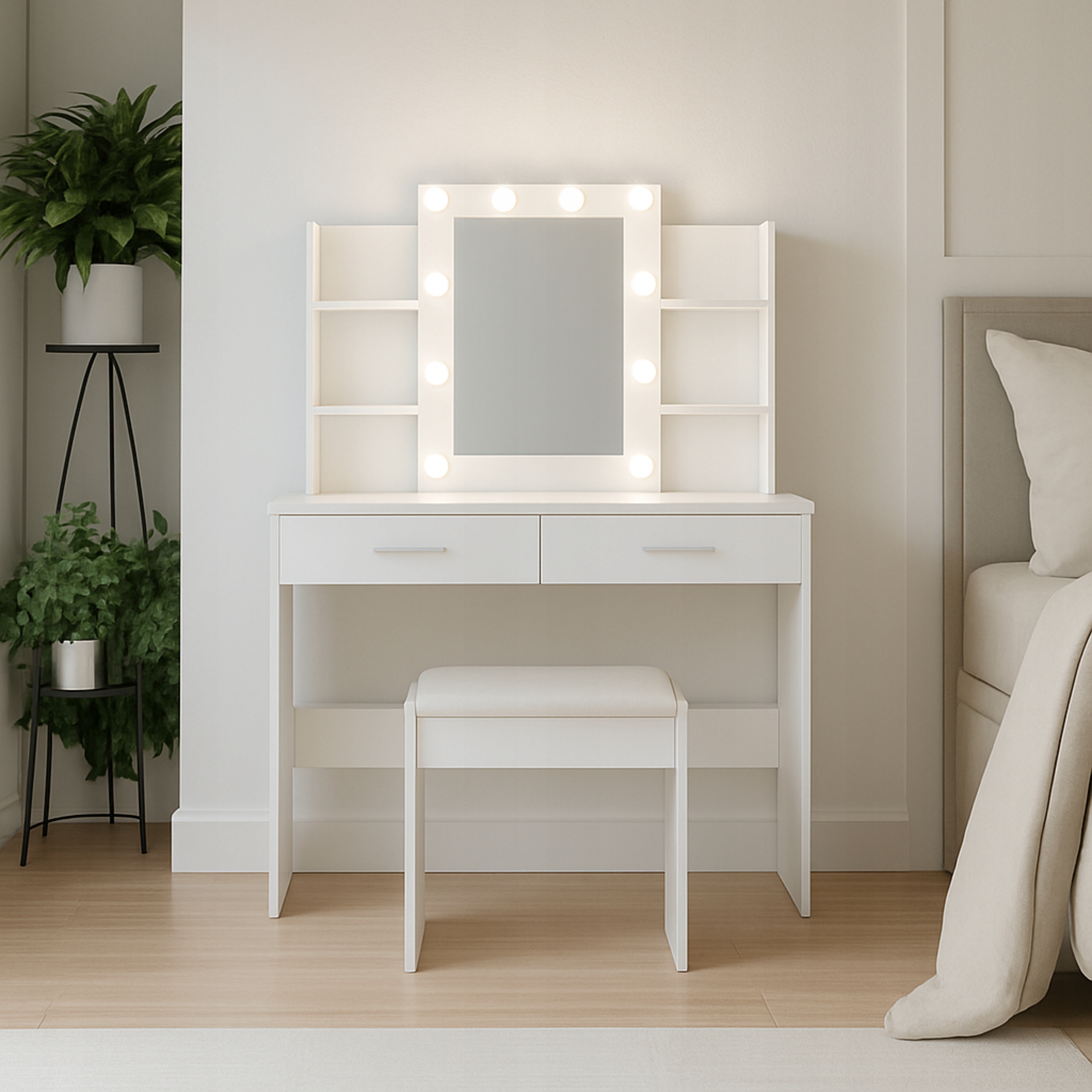 TOALETKA KOSMETYCZNA 85cm Z LUSTREM I OŚWIETLENIEM ŚCIEMNIANYM LED WINDY Materiał drewno