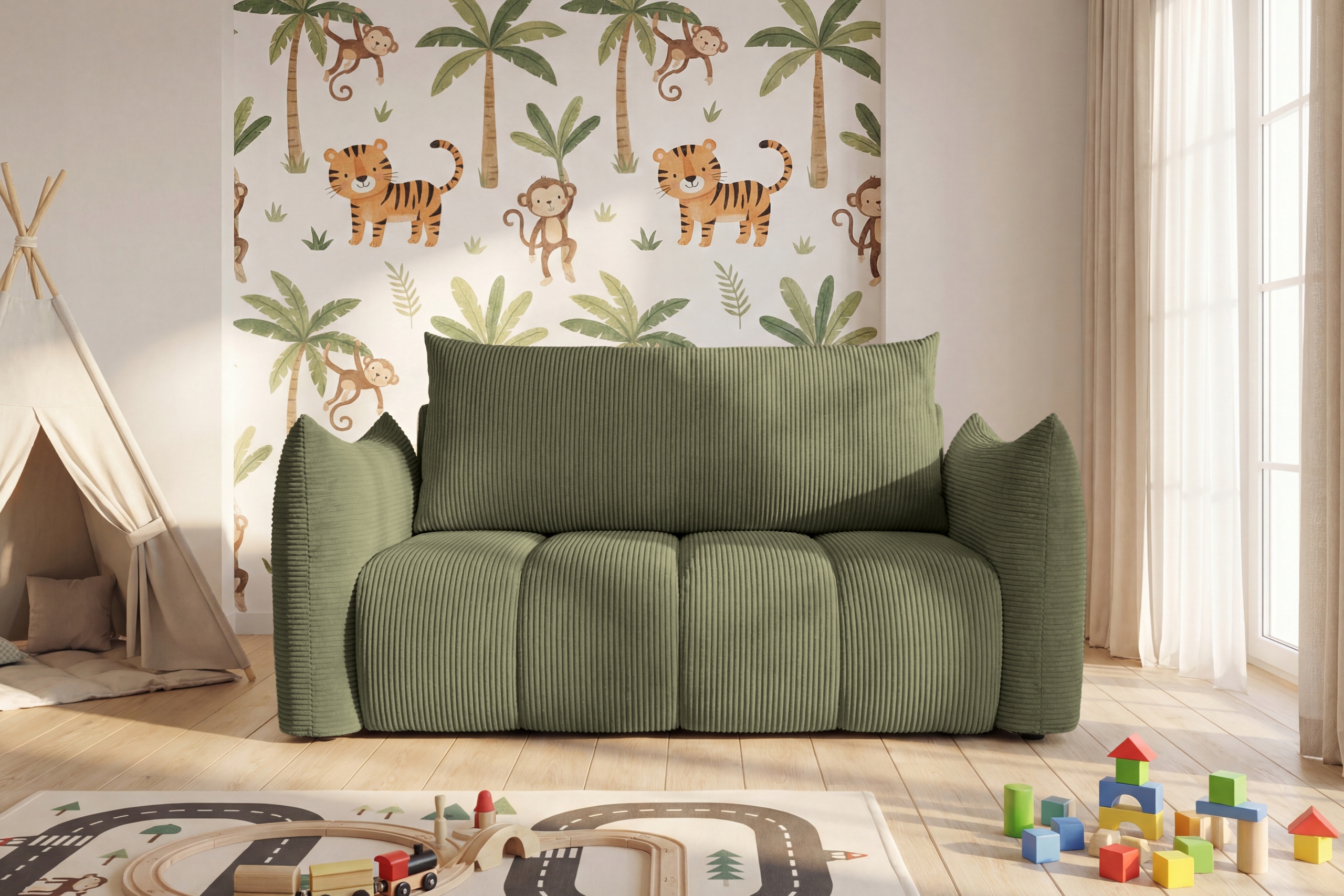 Moderní dětská pohovka Flow Funkce spaní úložný prostor na povlečení