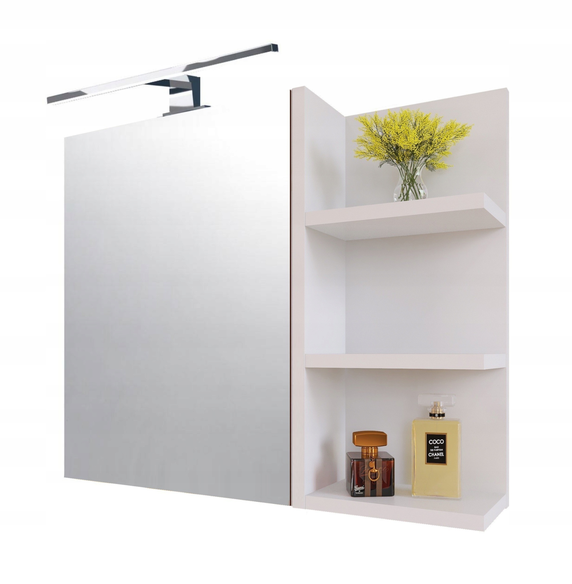 Skriňa s Led zrkadlom 60x50 Biela matná – pravá, kúpeľňová, s poličkou