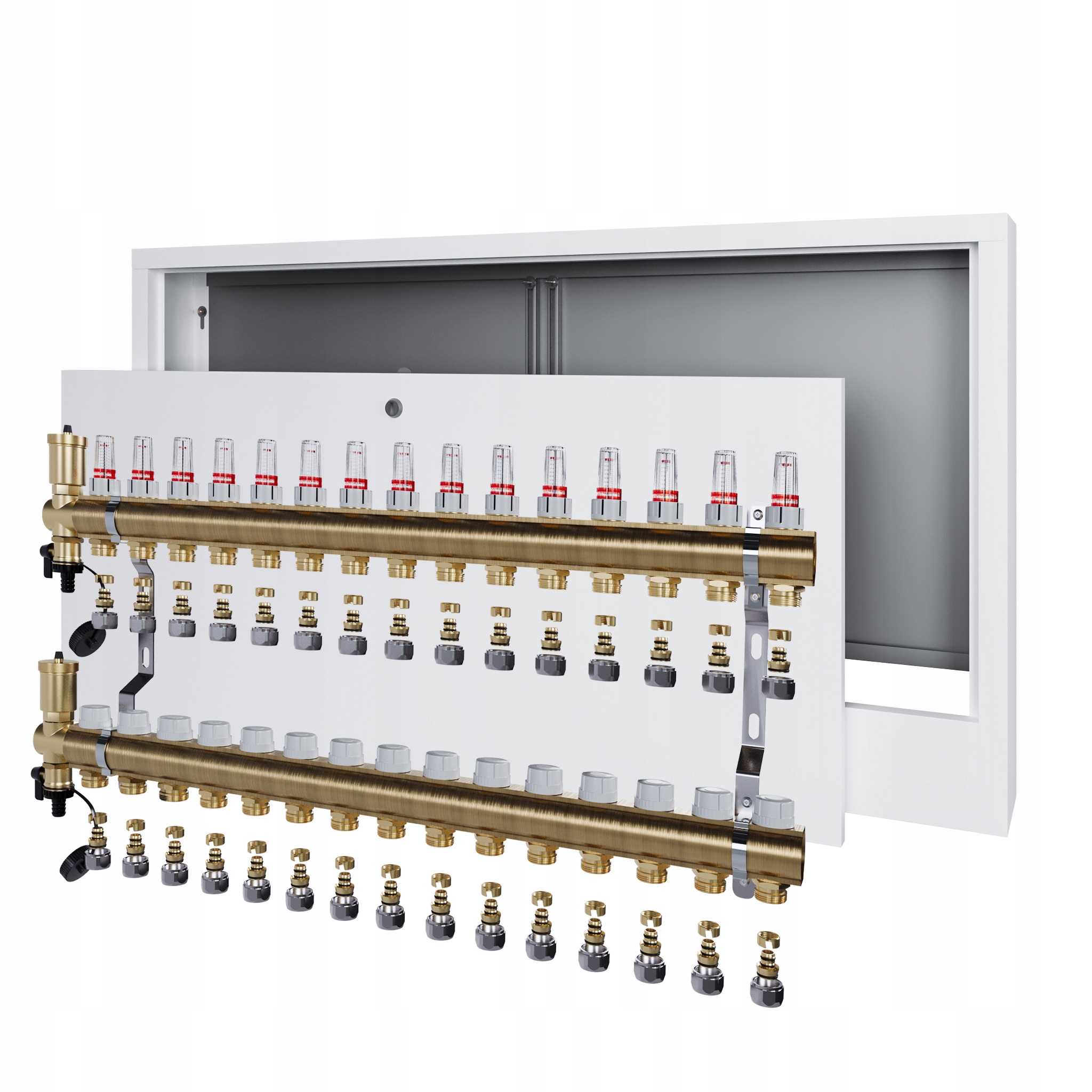 Rozdělovač pro podlahovou krytinu 15 podlahového vytápění s nástěnným boxem Pex